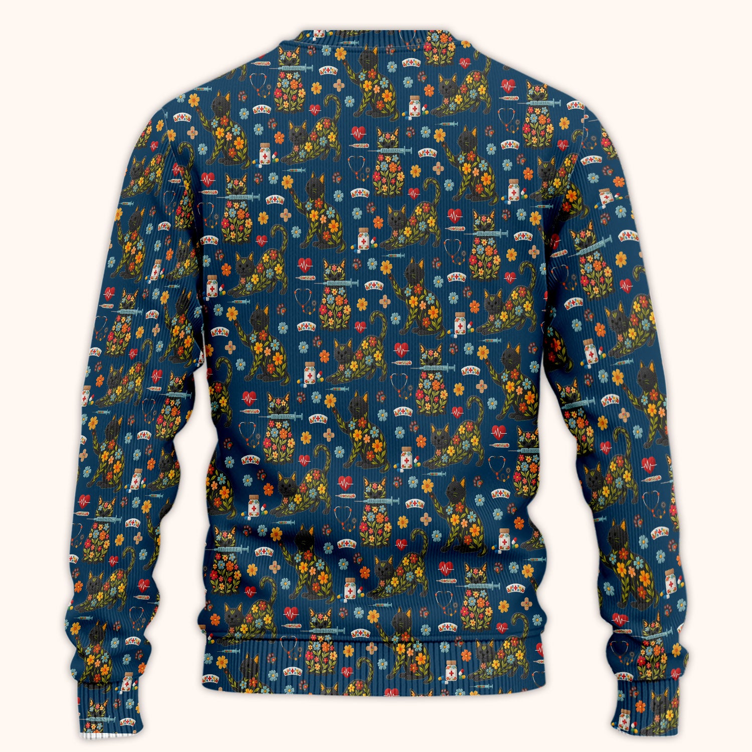 Floral Black Cat Pattern Scrub Set, Cute Cat Nurse Scrub Shirt, Medical Nursing Uniform