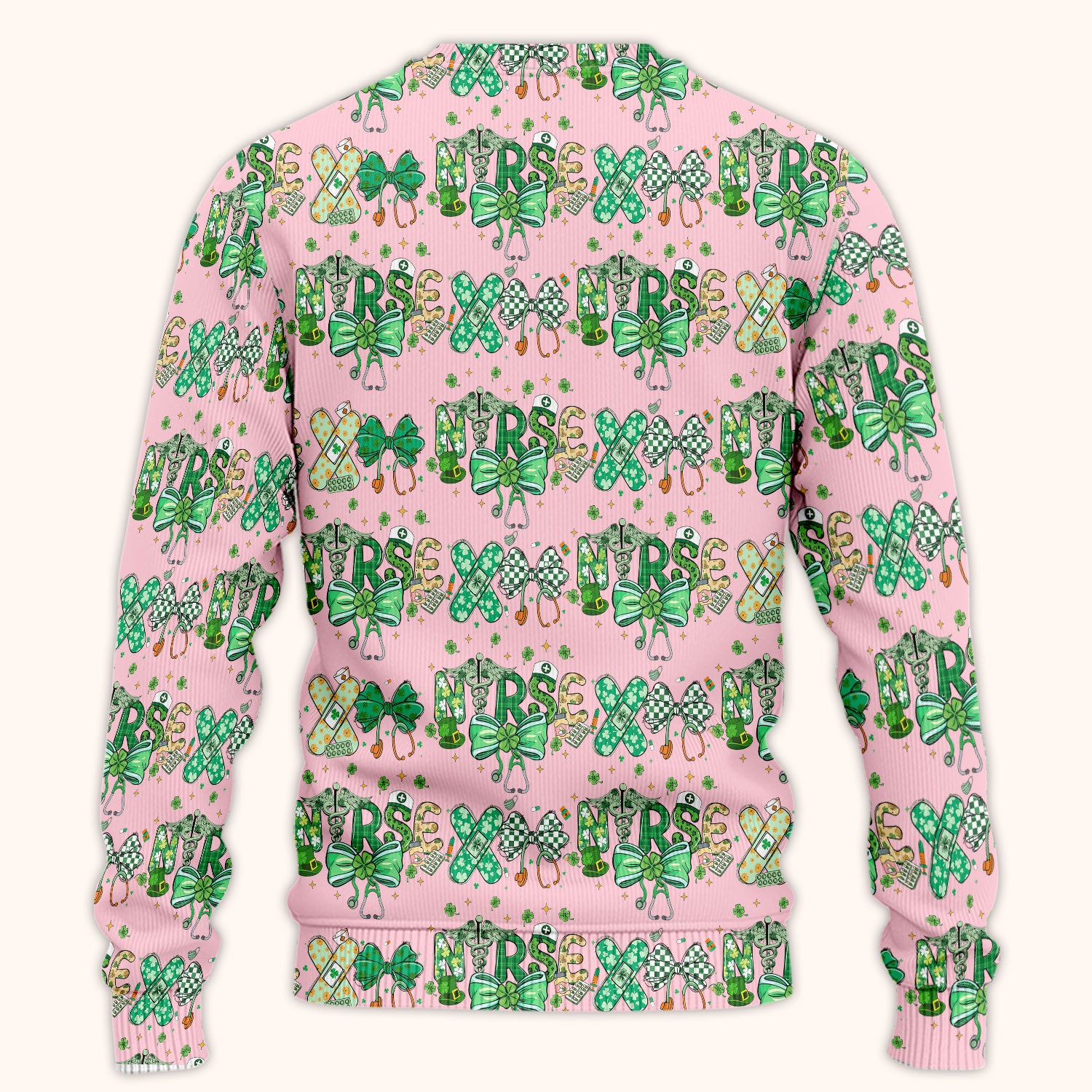 St. Patrick’s Nurse Scrub Set, Lucky Clover And Green Bow Pattern Nurse Shirt, Breathable Fabrics Nursing Uniform