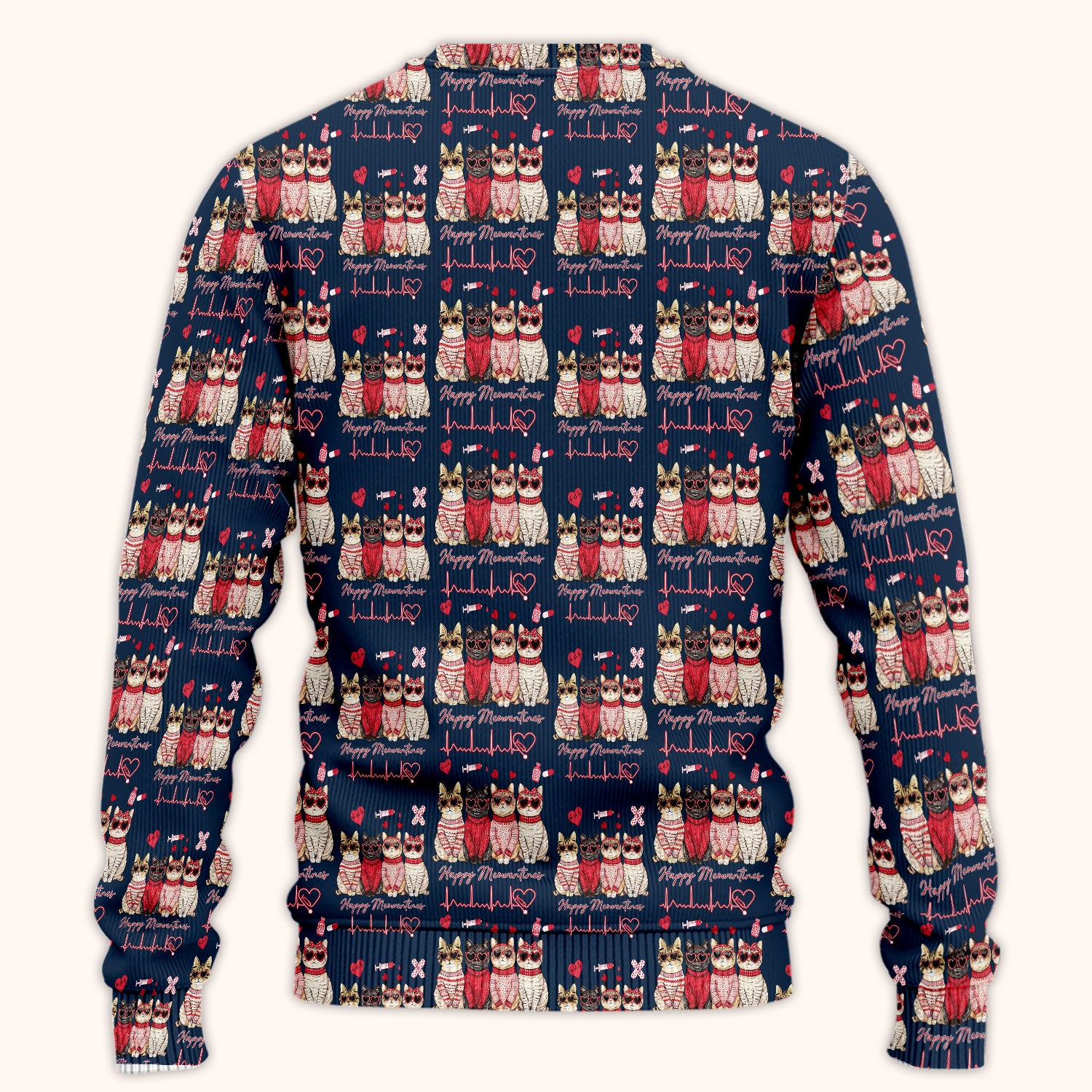 Happy Meowtines Cat Pattern Scrub Set, Valentine Cat Lover Nurse Scrub Shirt, Heartbeat Medical Pattern Nursing Uniform