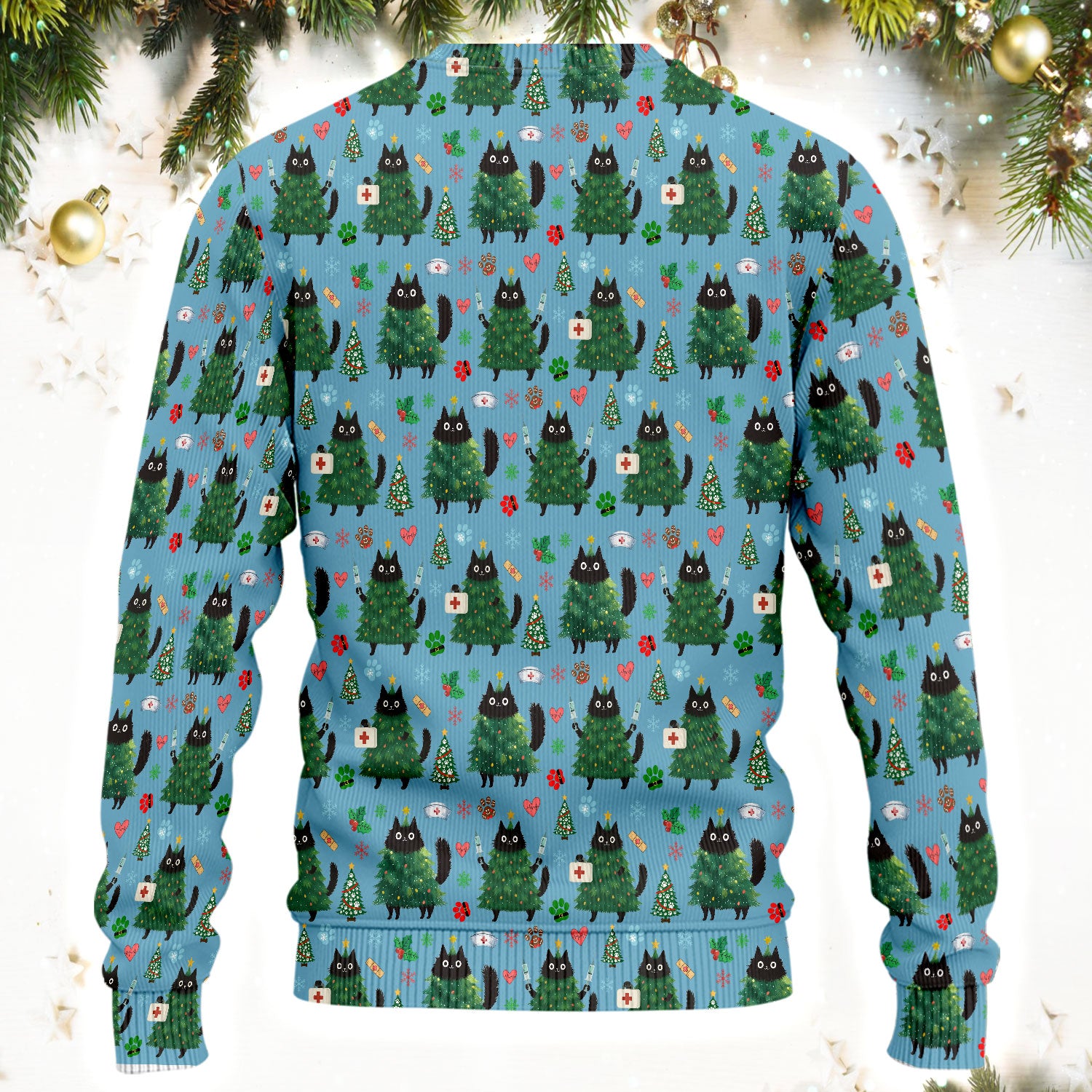 Christmas Nurse Scrub Set, Xmas Black Cat Pattern Nurse Shirt,  Breathable Fabrics Nursing Uniform