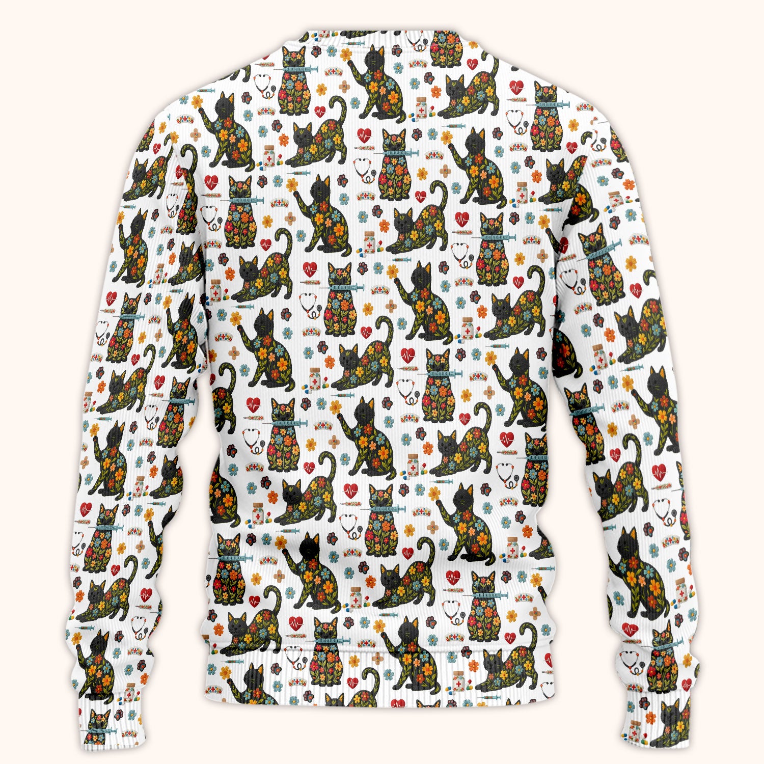 Floral Black Cat Pattern Scrub Set, Cute Cat Nurse Scrub Shirt, Medical Nursing Uniform
