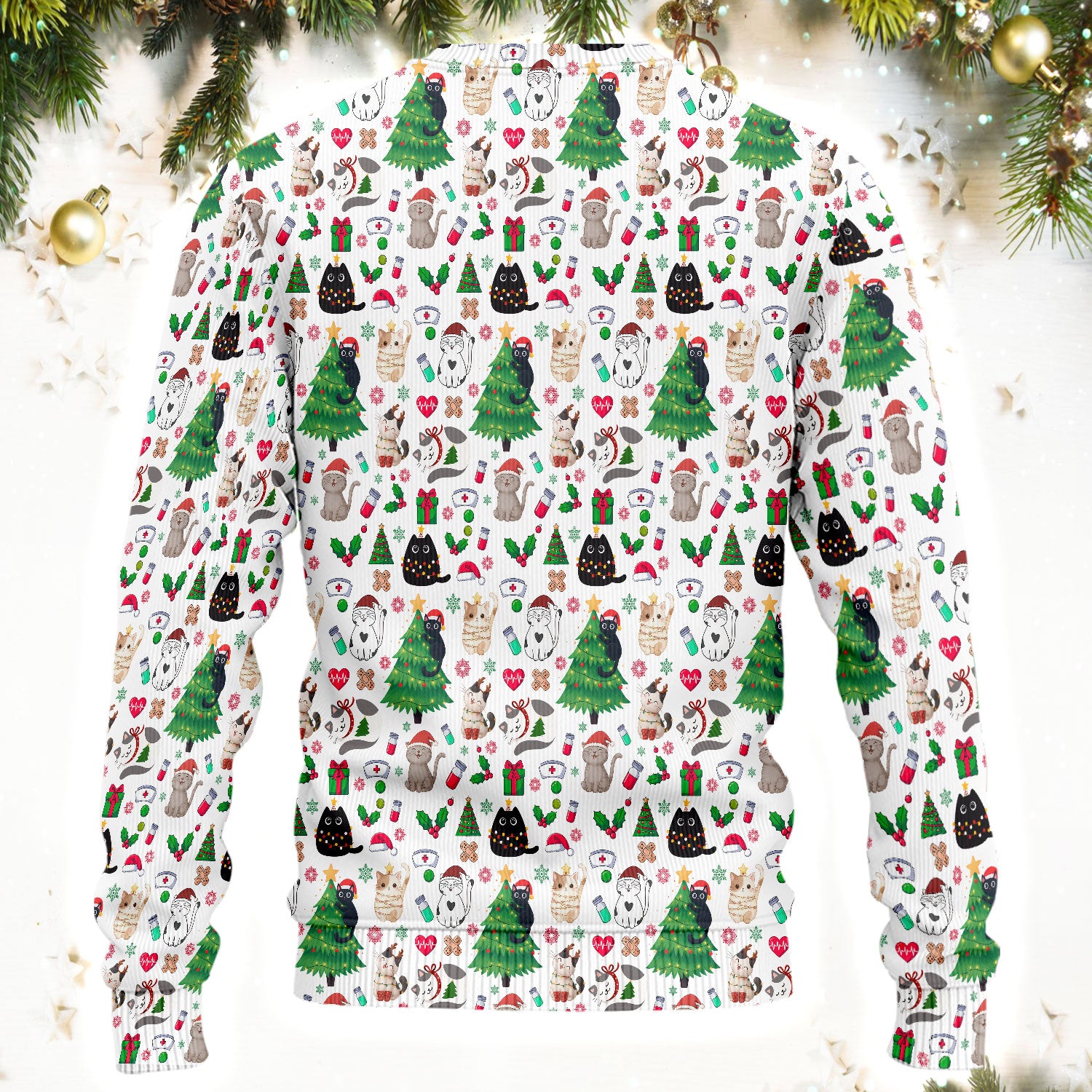 Christmas Cat Scrub Set, Xmas Pet Pattern Scrub Shirt, Breathable Fabrics Nursing Uniform