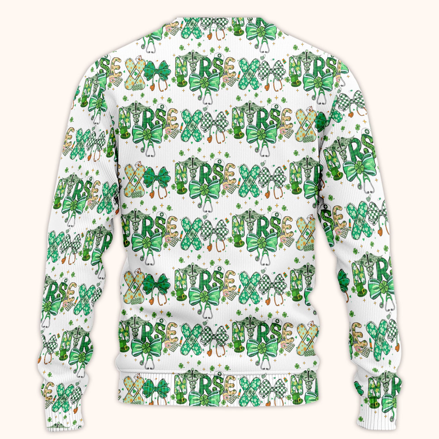 St. Patrick’s Nurse Scrub Set, Lucky Clover And Green Bow Pattern Nurse Shirt, Breathable Fabrics Nursing Uniform