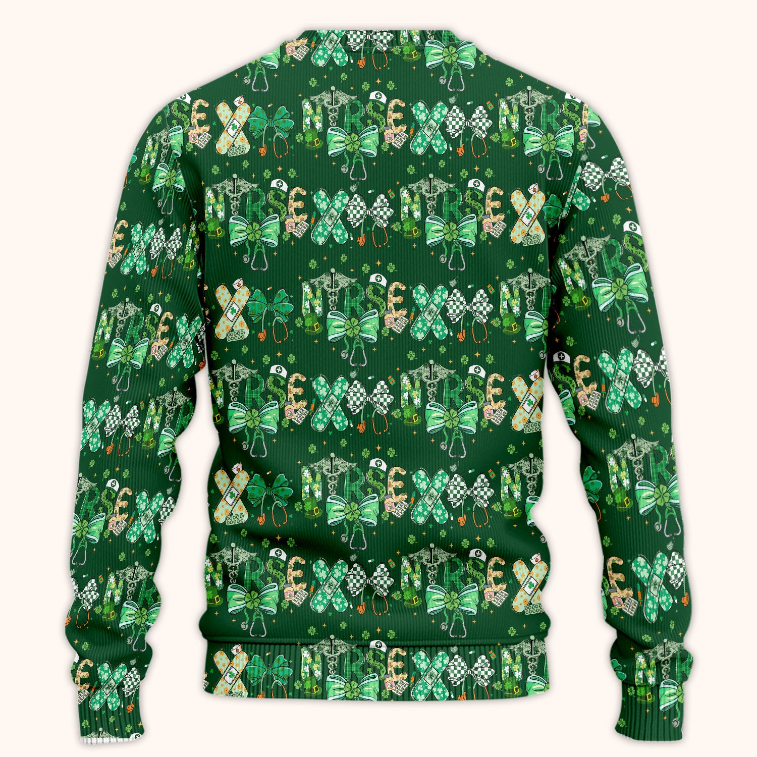 St. Patrick’s Nurse Scrub Set, Lucky Clover And Green Bow Pattern Nurse Shirt, Breathable Fabrics Nursing Uniform