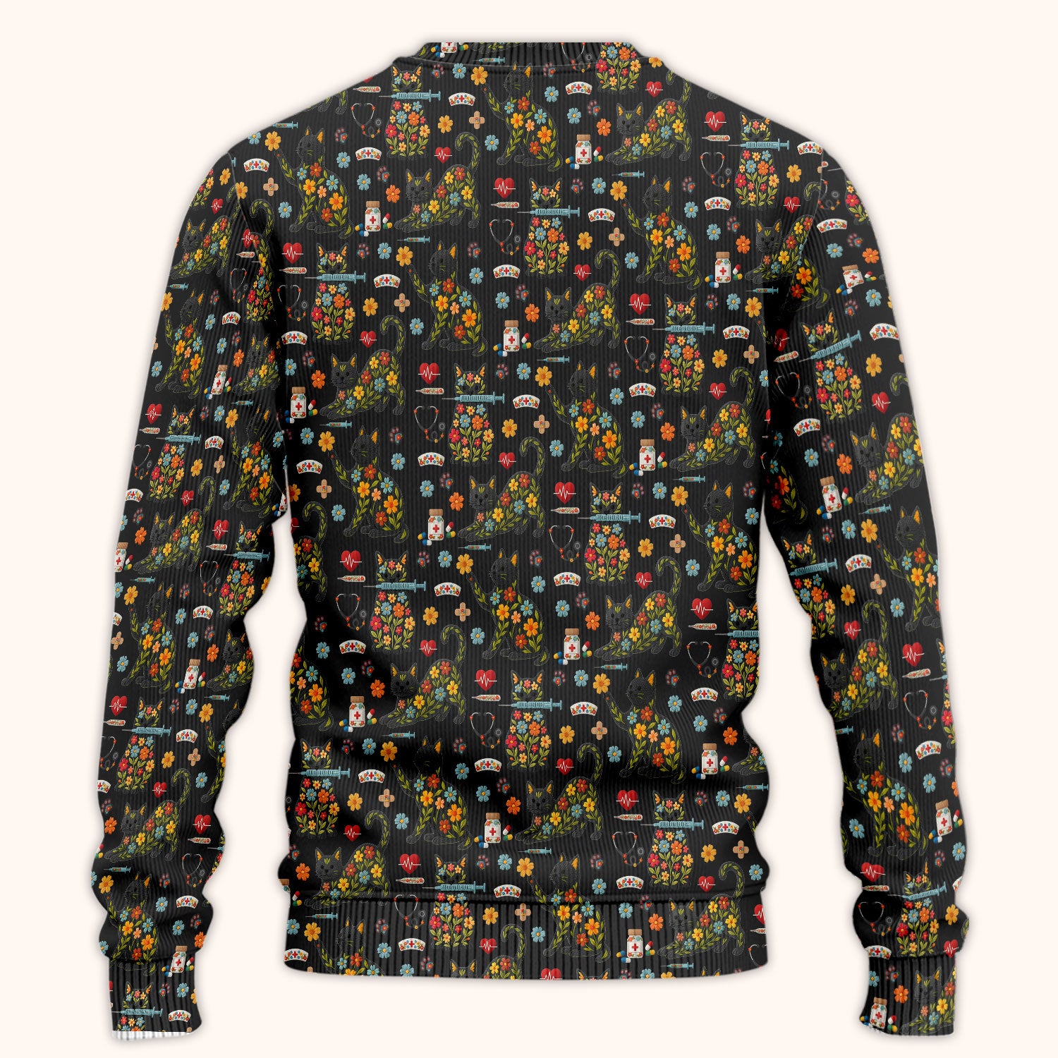 Floral Black Cat Pattern Scrub Set, Cute Cat Nurse Scrub Shirt, Medical Nursing Uniform
