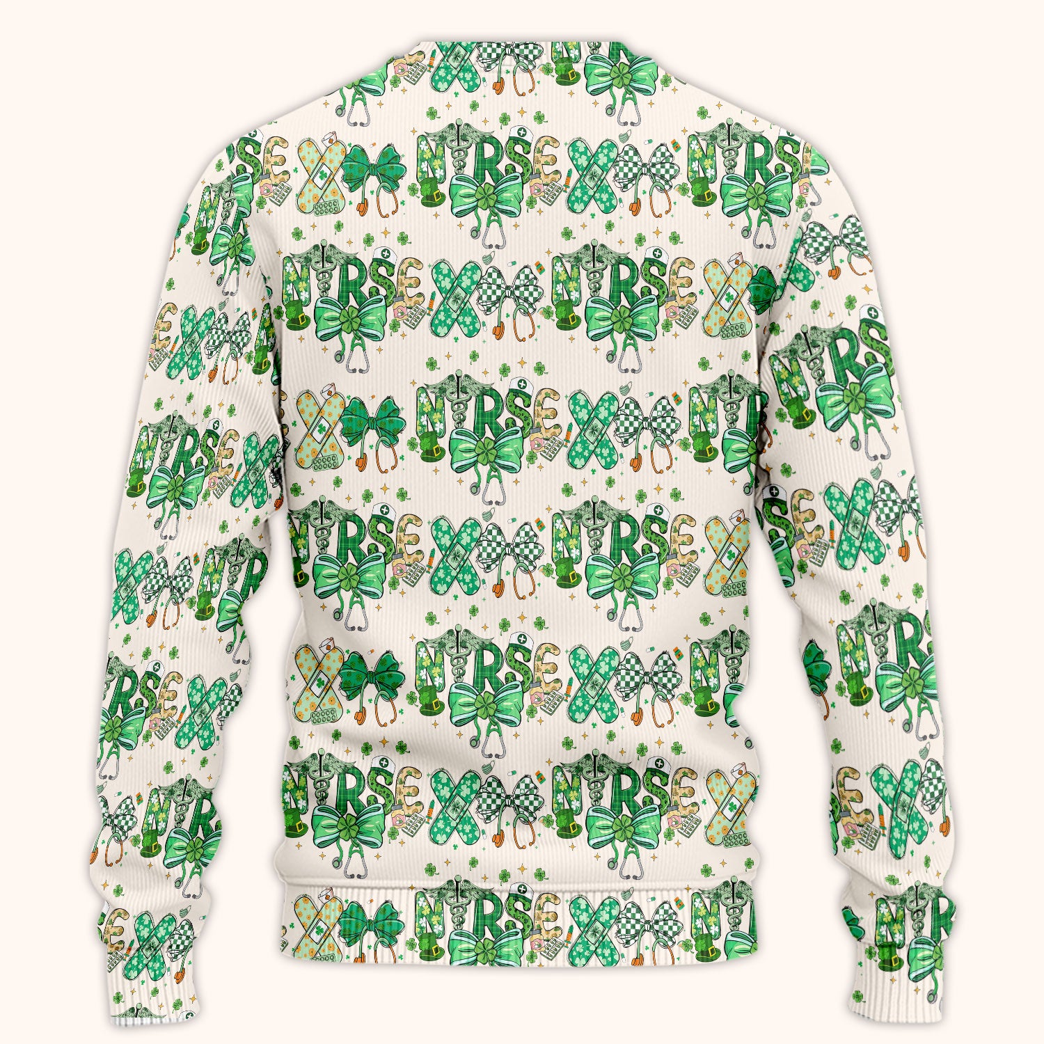 St. Patrick’s Nurse Scrub Set, Lucky Clover And Green Bow Pattern Nurse Shirt, Breathable Fabrics Nursing Uniform