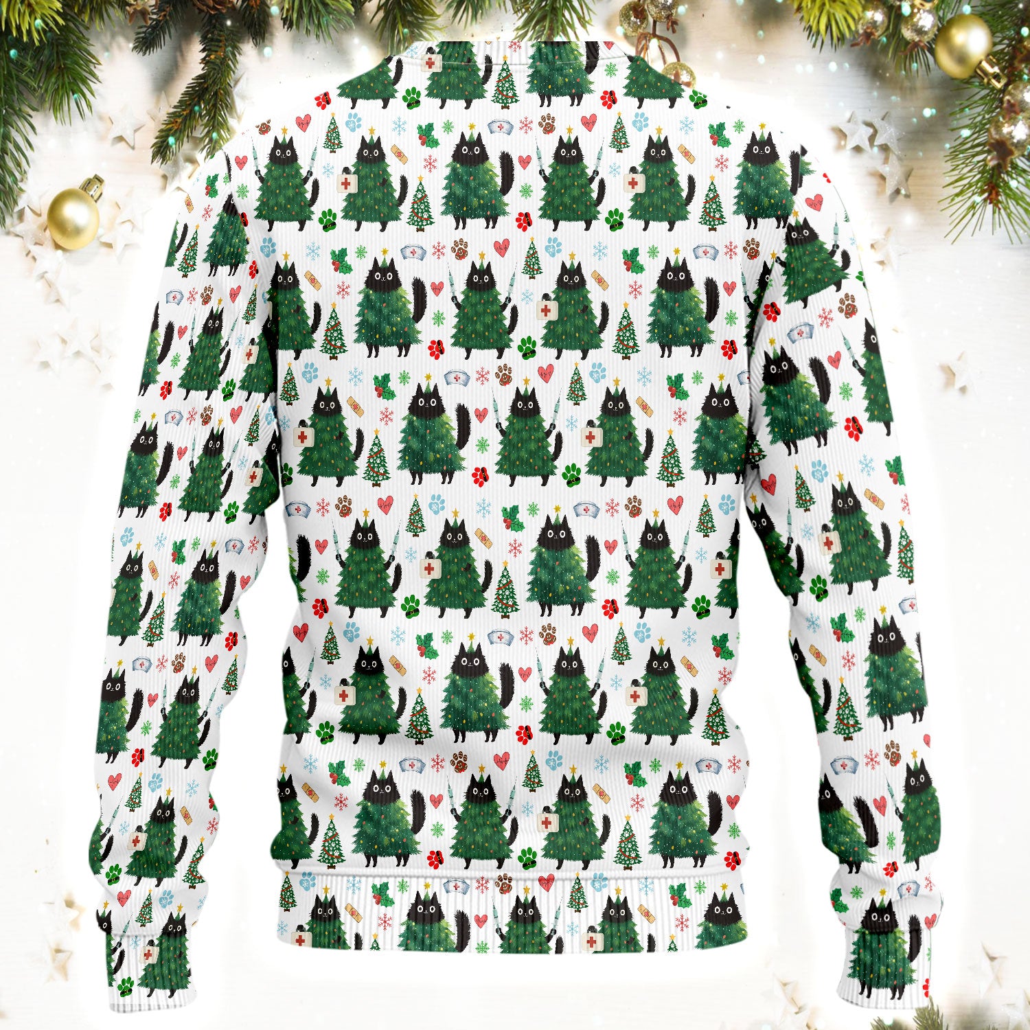 Christmas Nurse Scrub Set, Xmas Black Cat Pattern Nurse Shirt,  Breathable Fabrics Nursing Uniform