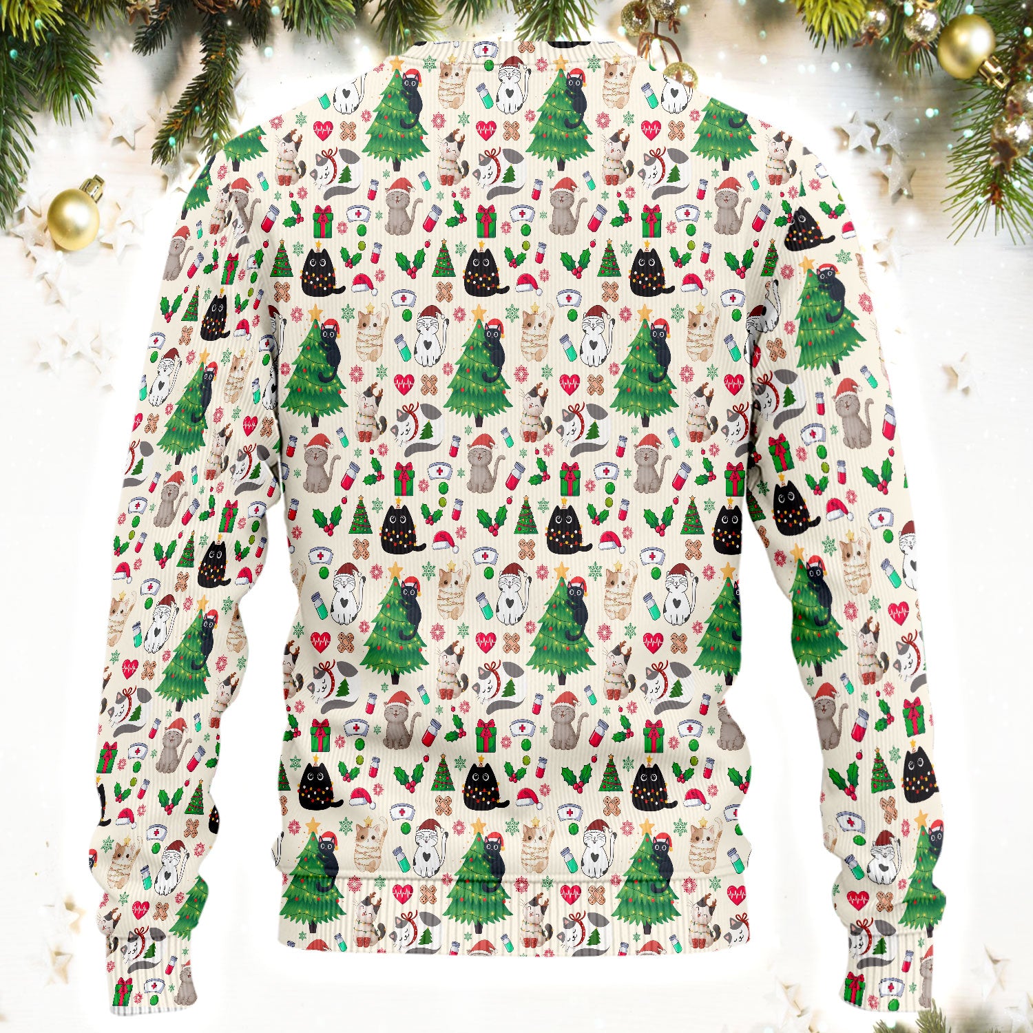 Christmas Cat Scrub Set, Xmas Pet Pattern Scrub Shirt, Breathable Fabrics Nursing Uniform