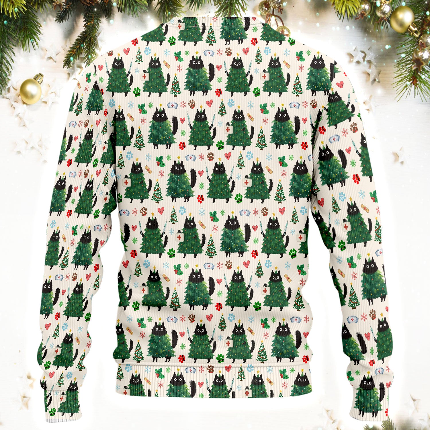 Christmas Nurse Scrub Set, Xmas Black Cat Pattern Nurse Shirt,  Breathable Fabrics Nursing Uniform