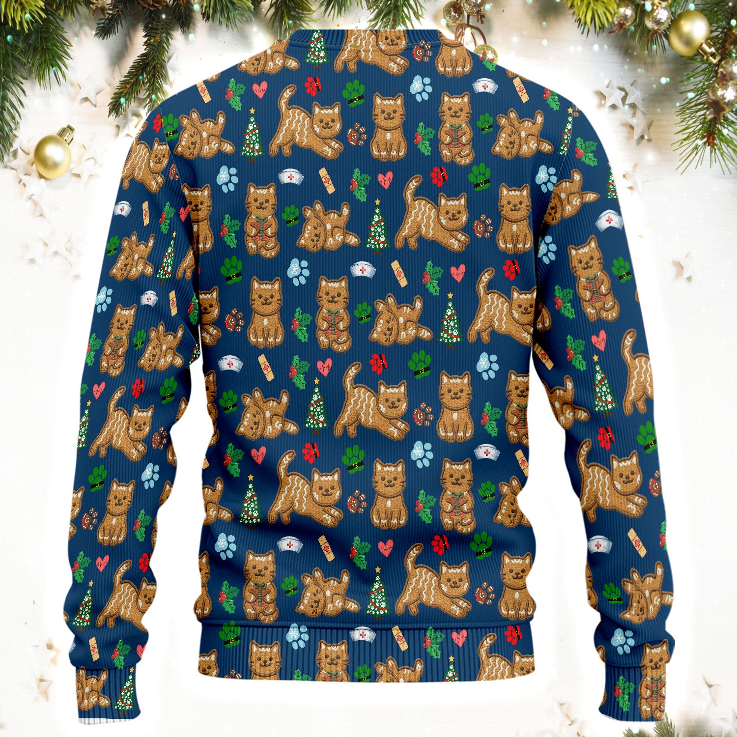 Gingerbread Cat Christmas Scrub Set, Cute Holiday Kitty Medical Uniform Shirt For Nursing, Festive Nurse Pattern