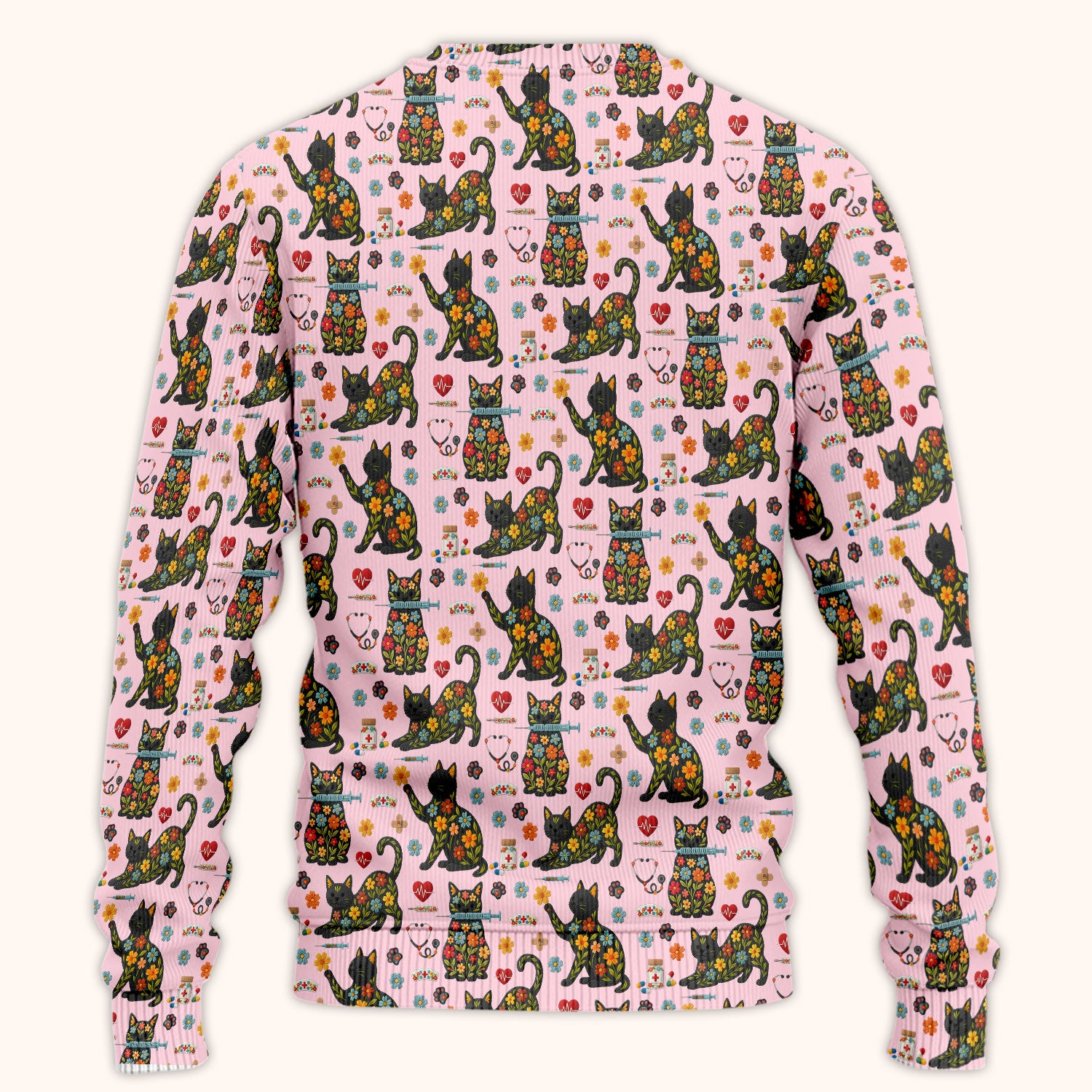 Floral Black Cat Pattern Scrub Set, Cute Cat Nurse Scrub Shirt, Medical Nursing Uniform