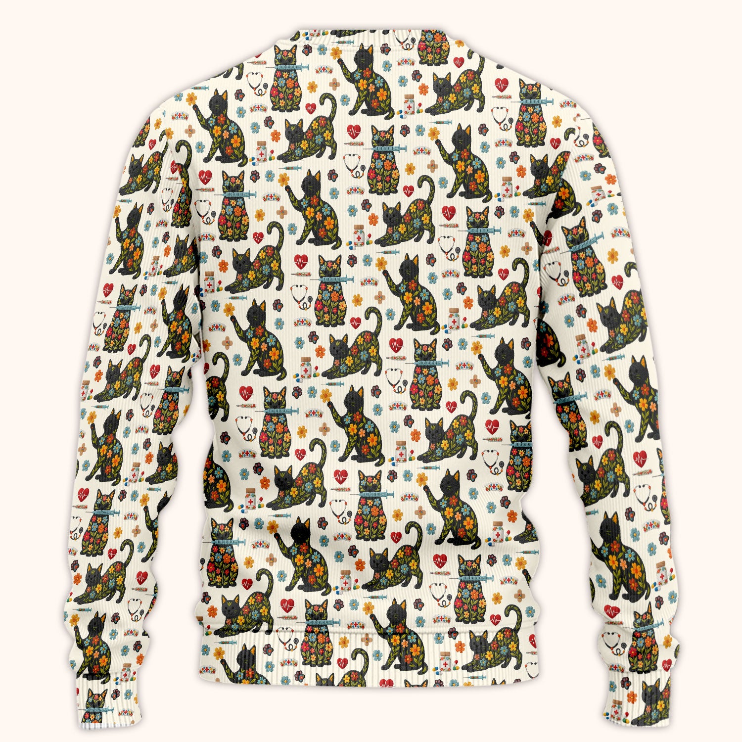 Floral Black Cat Pattern Scrub Set, Cute Cat Nurse Scrub Shirt, Medical Nursing Uniform