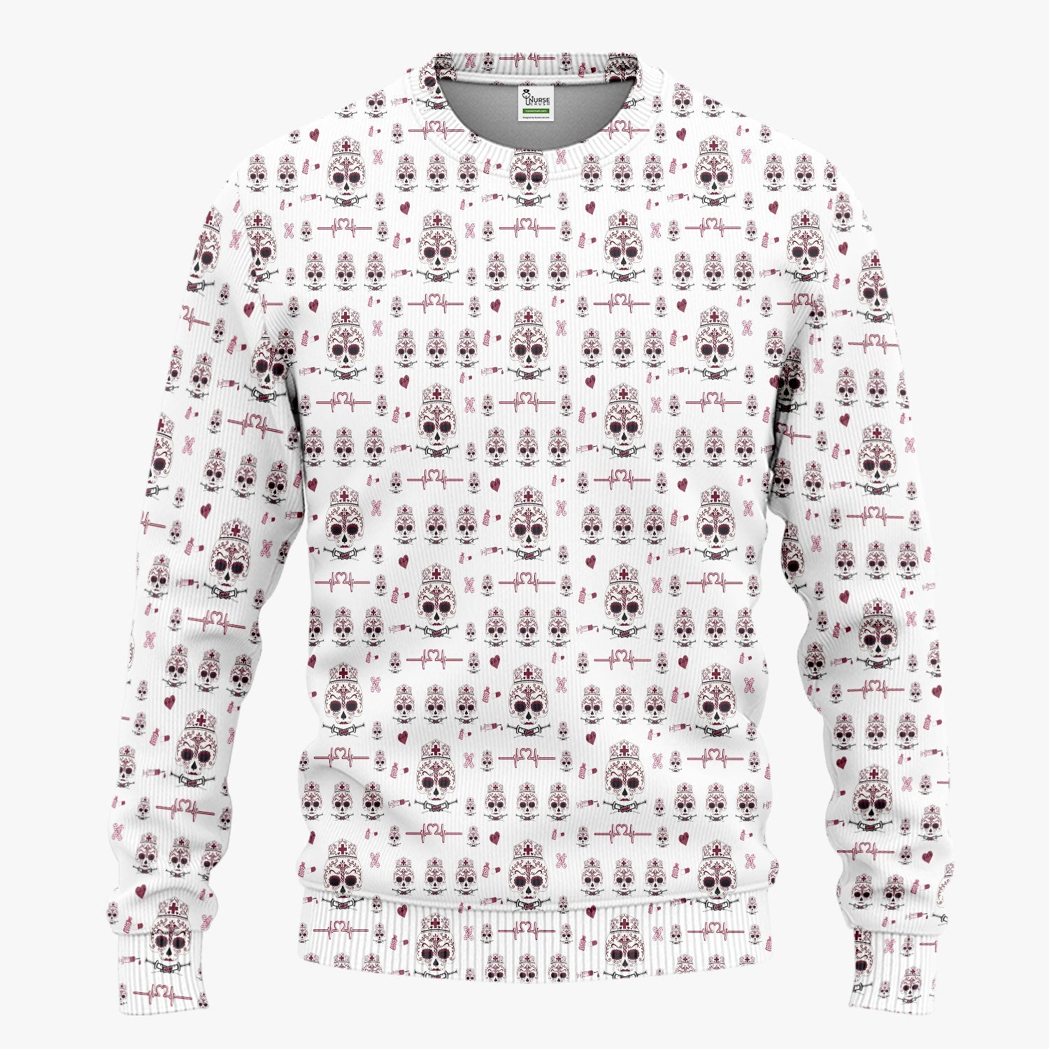 Sugar Skull Scrub Set, Skull Pattern Scrub Shirt, Breathable Fabrics Nursing Uniform