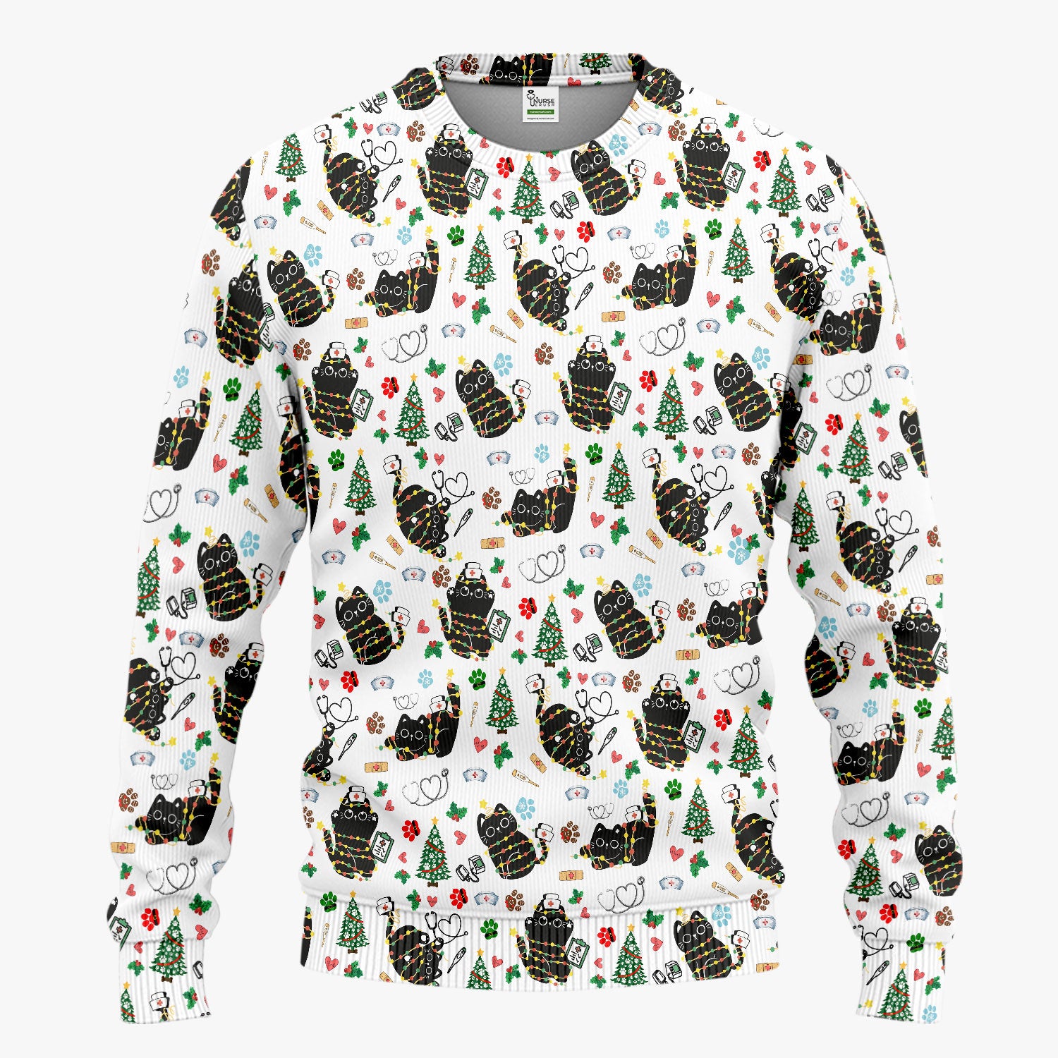 Funny Black Cat Christmas Scrub Set – Cute Holiday Kitty Pattern – Festive Medical Uniform for Nurses, Vets, and Cat Lovers