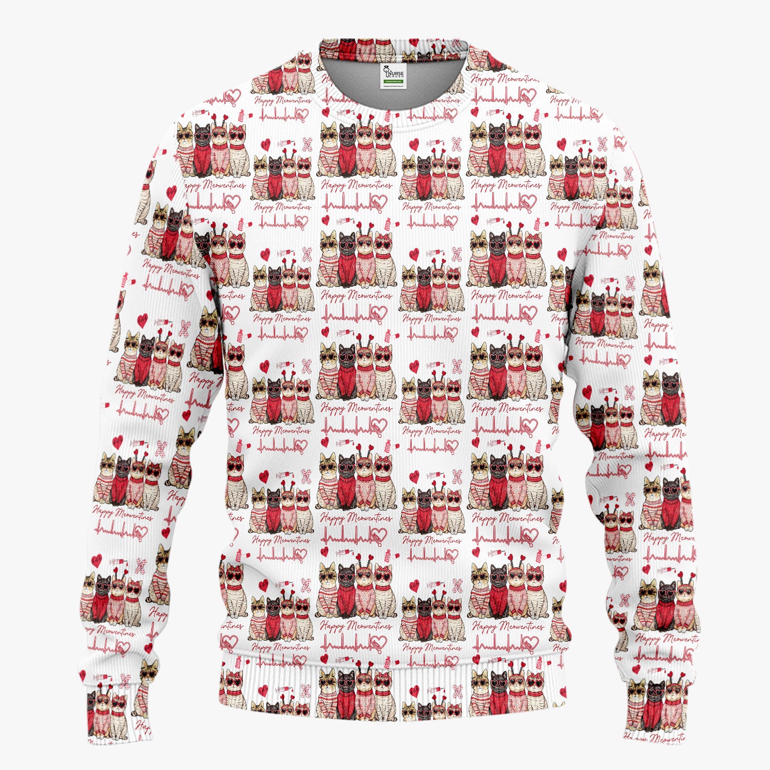 Happy Meowtines Cat Pattern Scrub Set, Valentine Cat Lover Nurse Scrub Shirt, Heartbeat Medical Pattern Nursing Uniform
