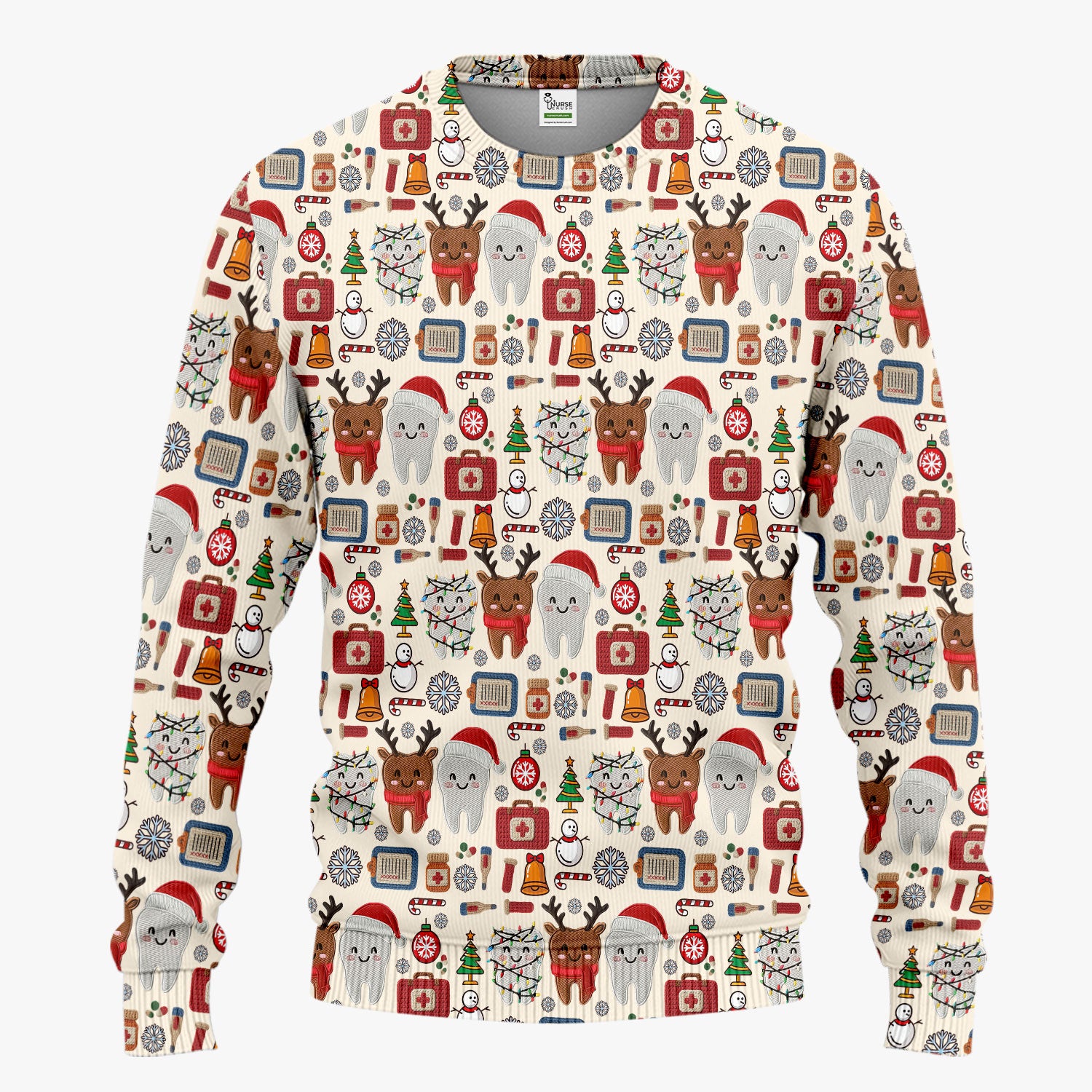Christmas Dental Scrub Set - Cute Santa & Reindeer Tooth Pants and V Neck Top - Funny Gift for Dentists, Hygienists, Nurses
