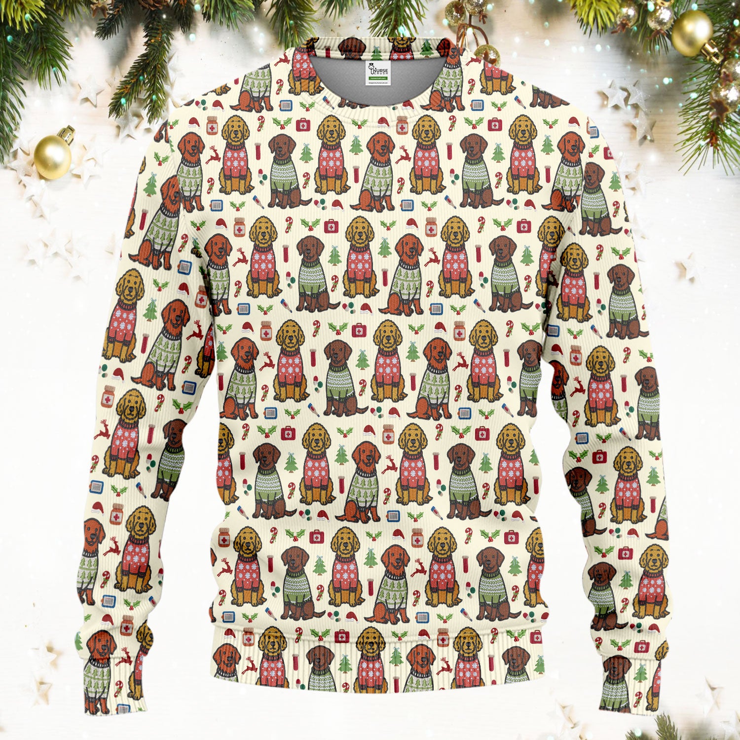 Golden Retriever Christmas Scrub Set, Cute Holiday Dog Nurse Pattern Shirt, Breathable Fabrics Nursing Uniform