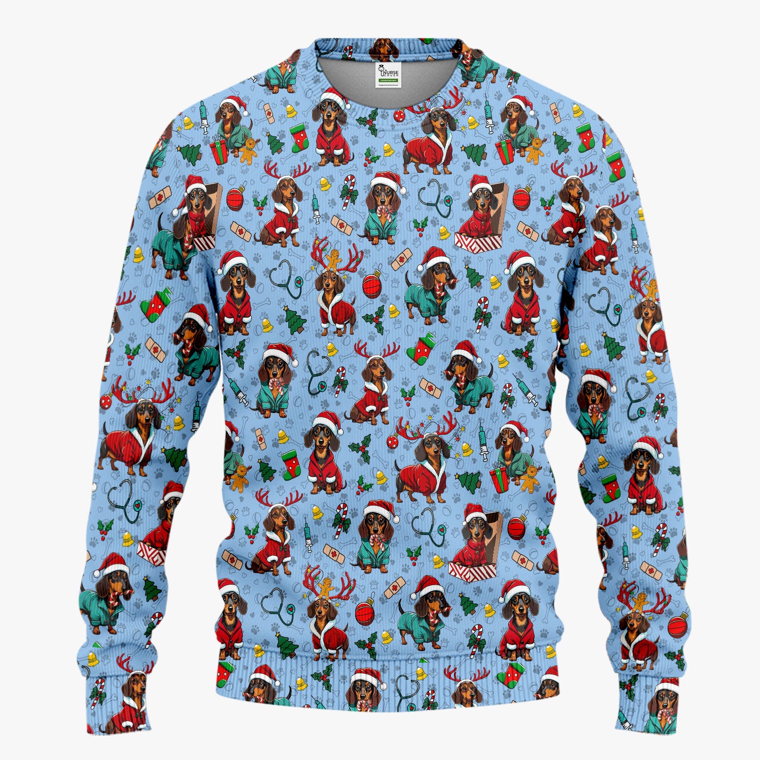 Christmas Dachshund Scrub Set for Nurses - Cute Sausage Dog Holiday - Funny Reindeer & Santa Scrubs Pants and V Neck Top