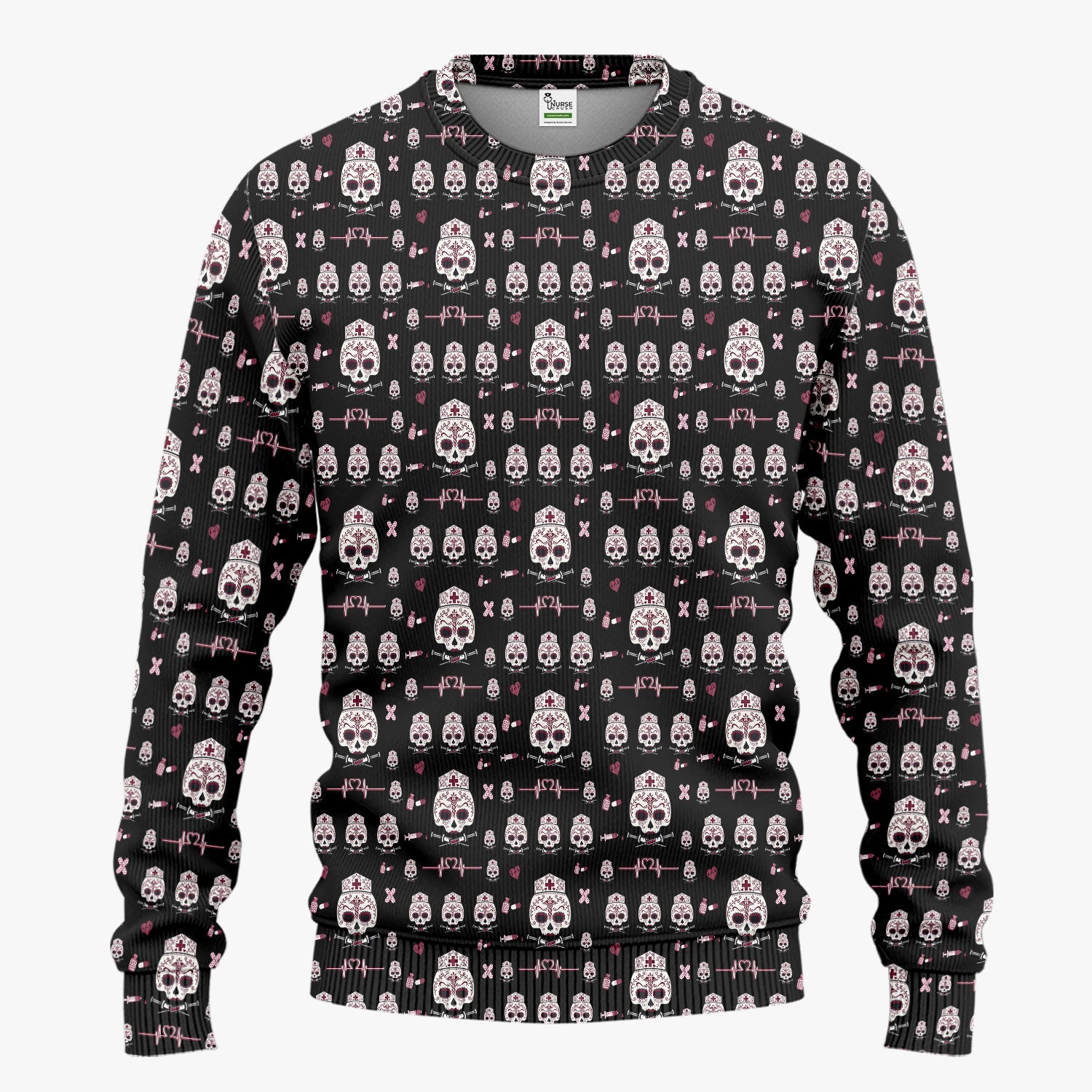 Sugar Skull Scrub Set, Skull Pattern Scrub Shirt, Breathable Fabrics Nursing Uniform