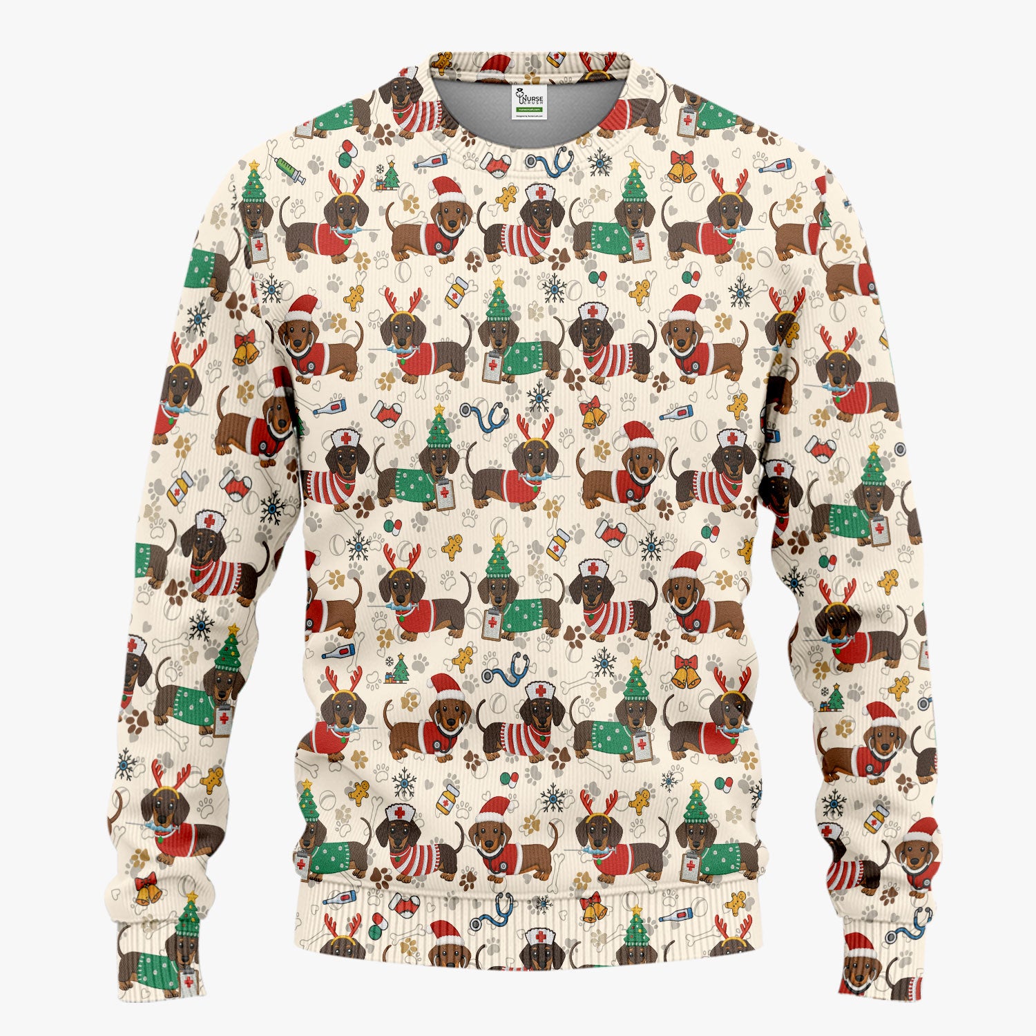 Christmas Dachshund Scrub Set for Nurses - Cute Wiener Dog Scrubs Pants and V Neck Top - Cute Puppy Med Uniform Gift for Women