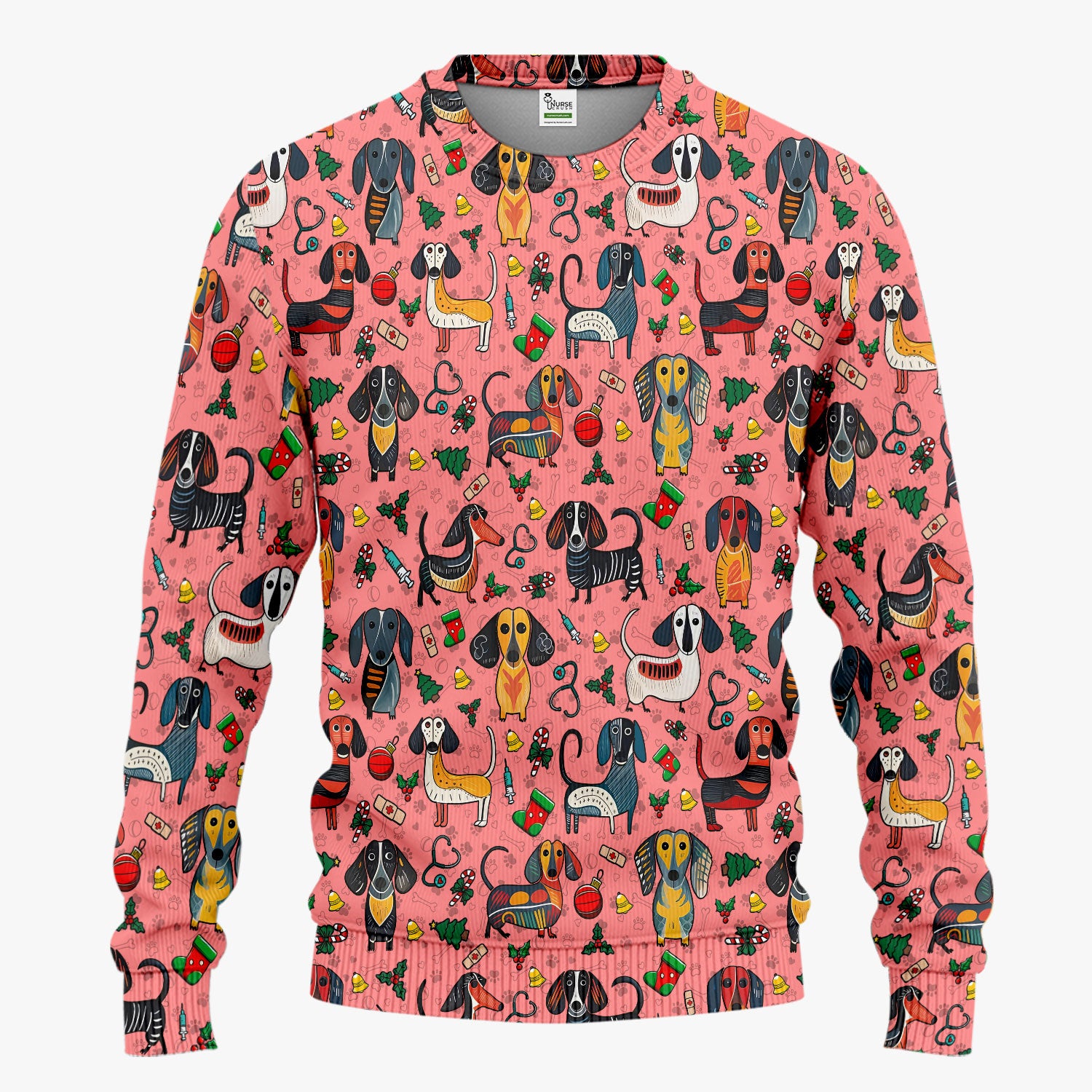 Dachshund Christmas Scrub Set - Cute Wiener Dog Pants and V Neck Top - Holiday Medical Uniform