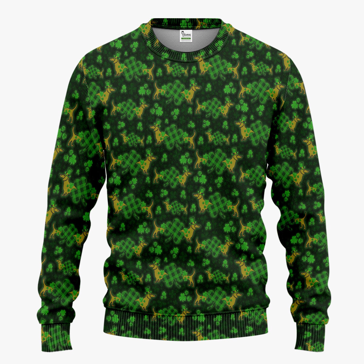 St. Patrick’s Day Dachshund Dog Pattern Scrub Set, Lucky Shamrock Puppy Nurse Scrub Shirt, Green Irish Nursing Uniform