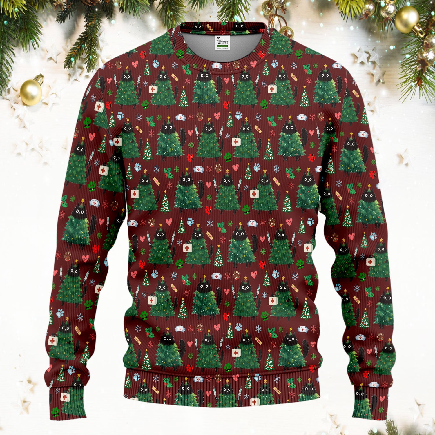 Christmas Nurse Scrub Set, Xmas Black Cat Pattern Nurse Shirt,  Breathable Fabrics Nursing Uniform