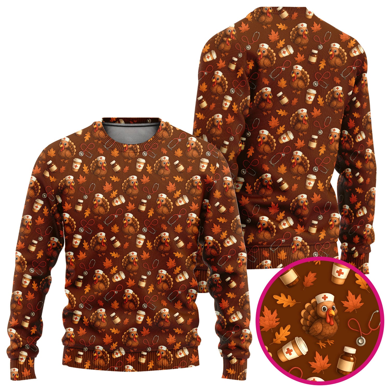 Turkey Pattern Thanksgiving Scrub Set - Fall Leaves and Nurse Tools Print Scrubs - Fun Autumn Medical Pants and Top Gift for RN CNA LPN