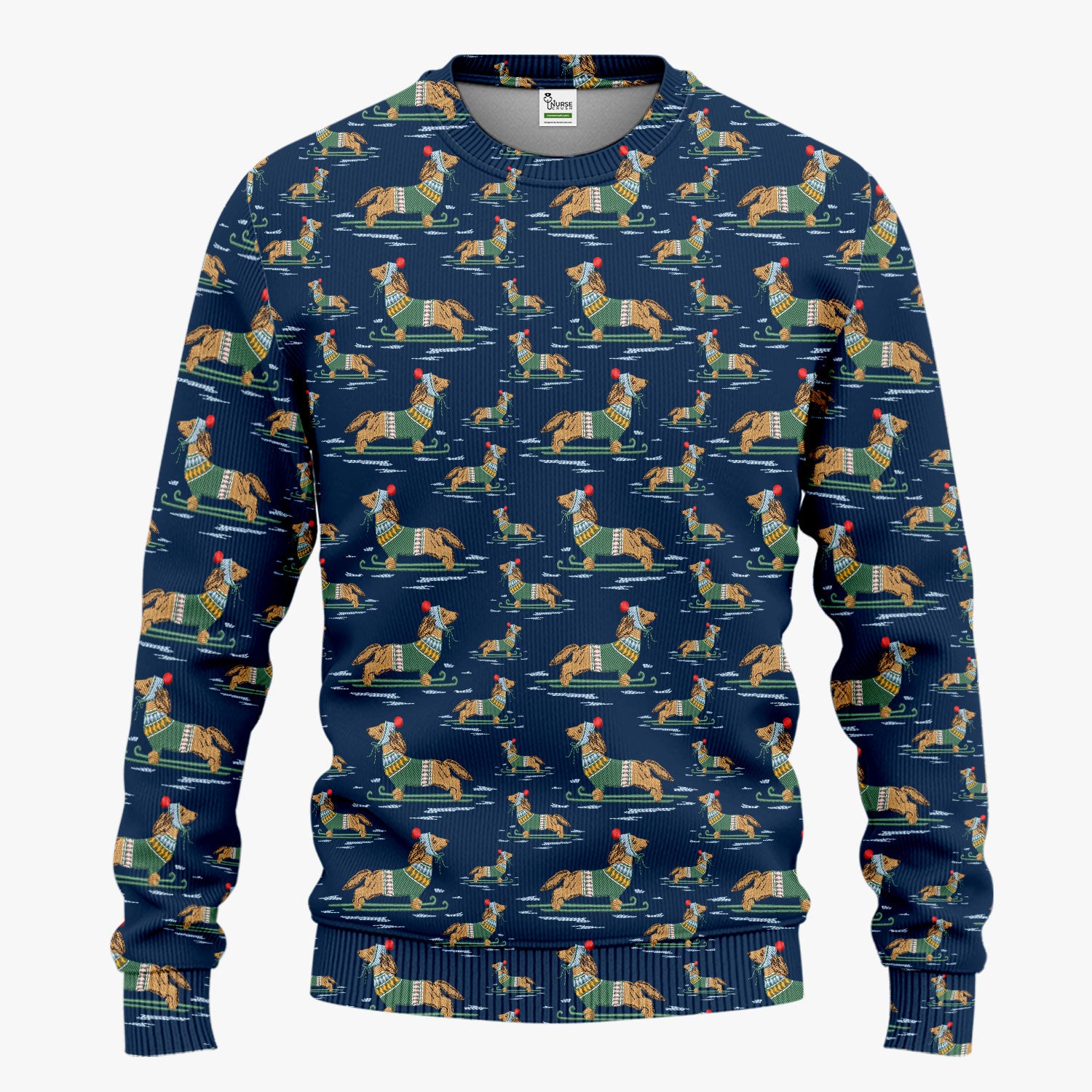 Dachshund Nurse Scrub Set, Wiener Dog Winter Pattern Shirt, Breathable Fabrics Nursing Uniform