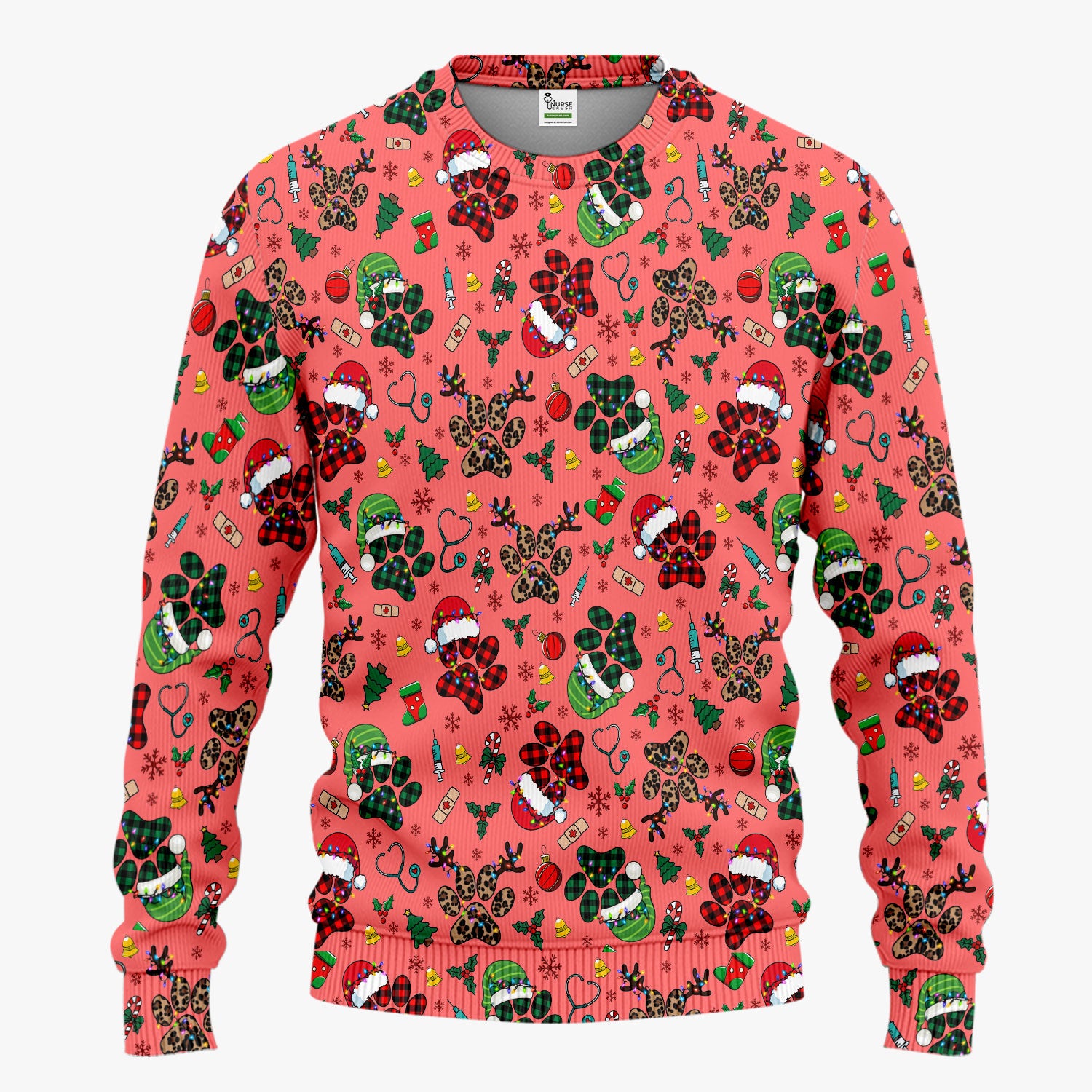 Christmas Paw Print Scrub Set for Nurses - Cute Leopard Holiday Pants and V Neck Top - Funny Pet Medical Uniform Gift