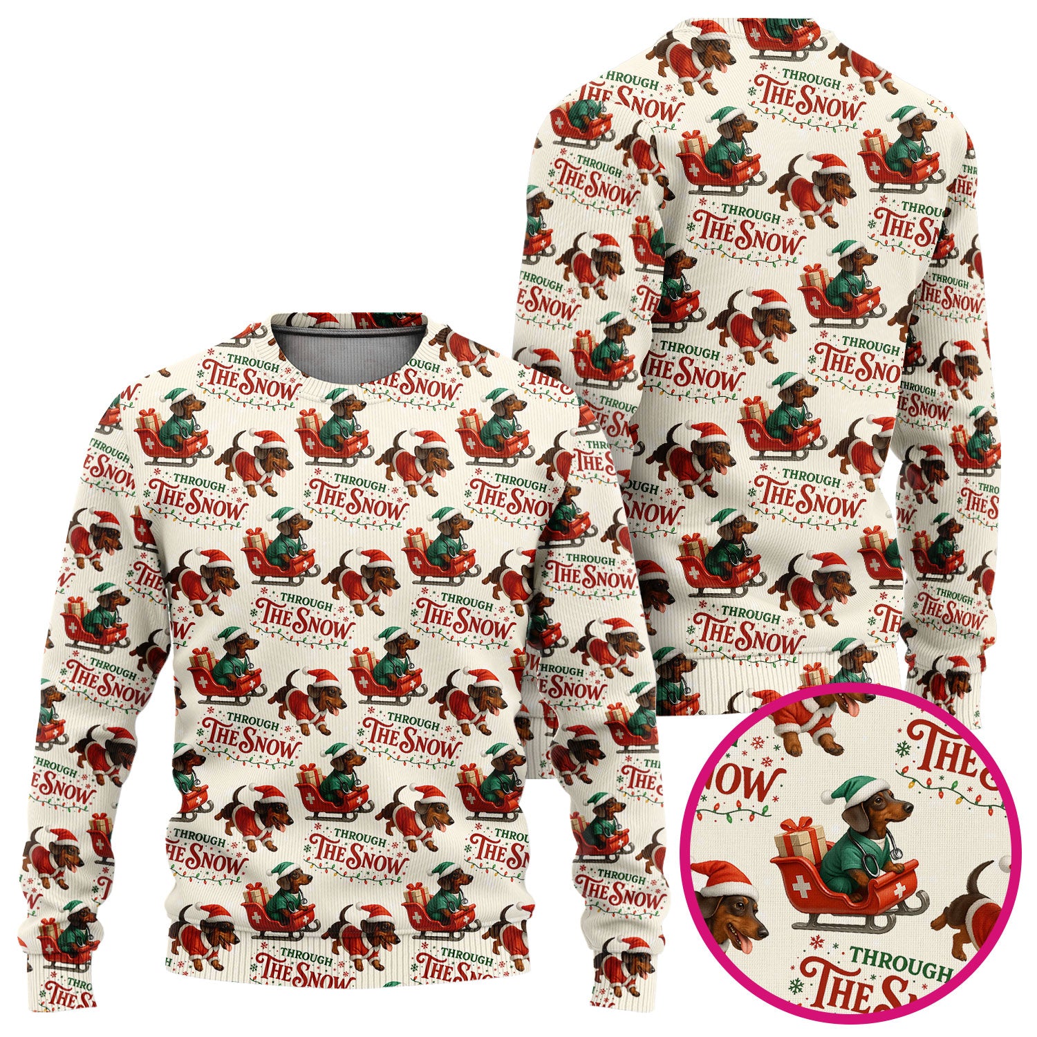 Dachshund Christmas Ugly Sweater, Cute Dog Nurse Sweater, Through The Snow Pattern Nursing Uniform