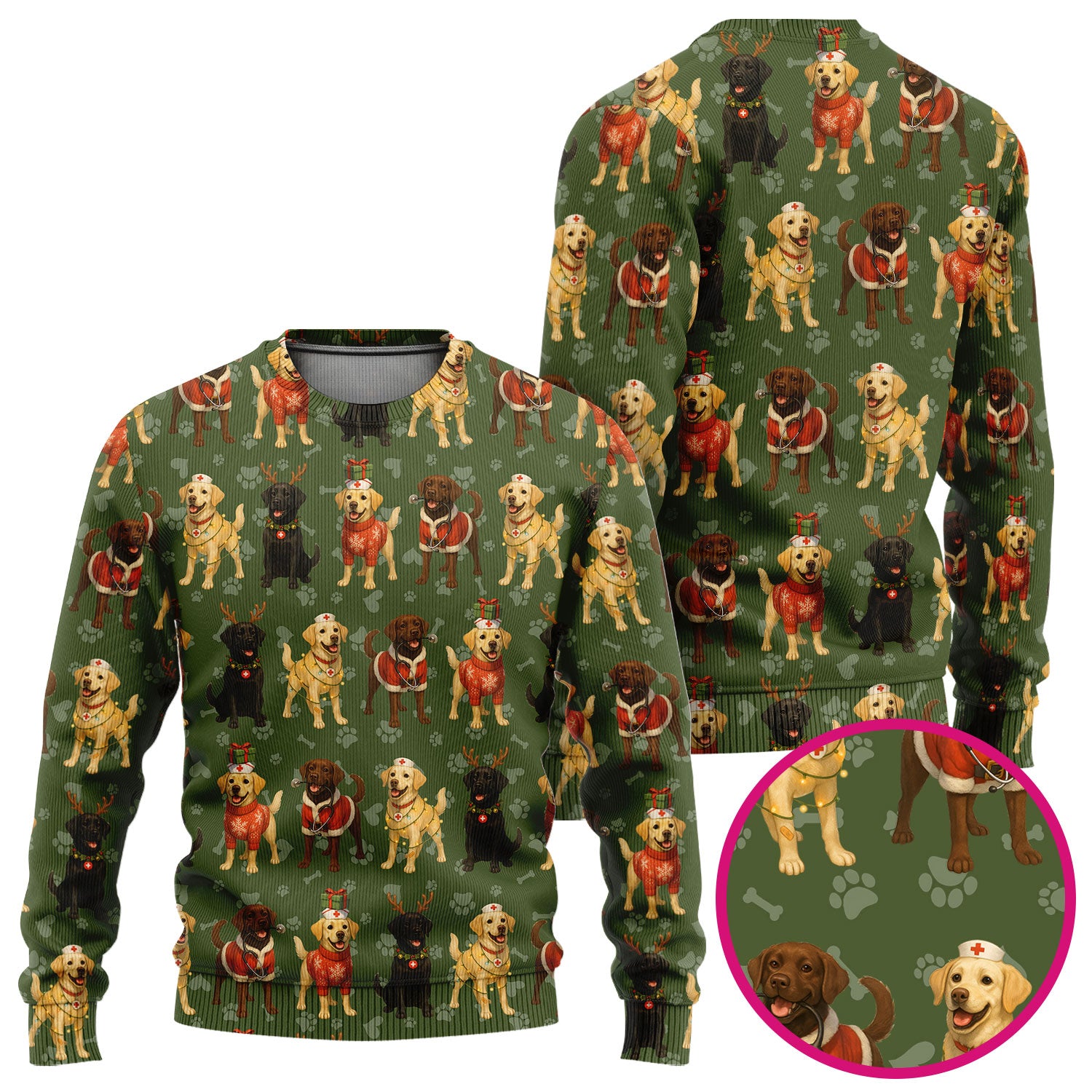 Dog Scrubs Christmas Set for Women - Labrador Puppy Pattern Scrub Top & Pants - Holiday Christmas Scrubs with Cute Dog Print