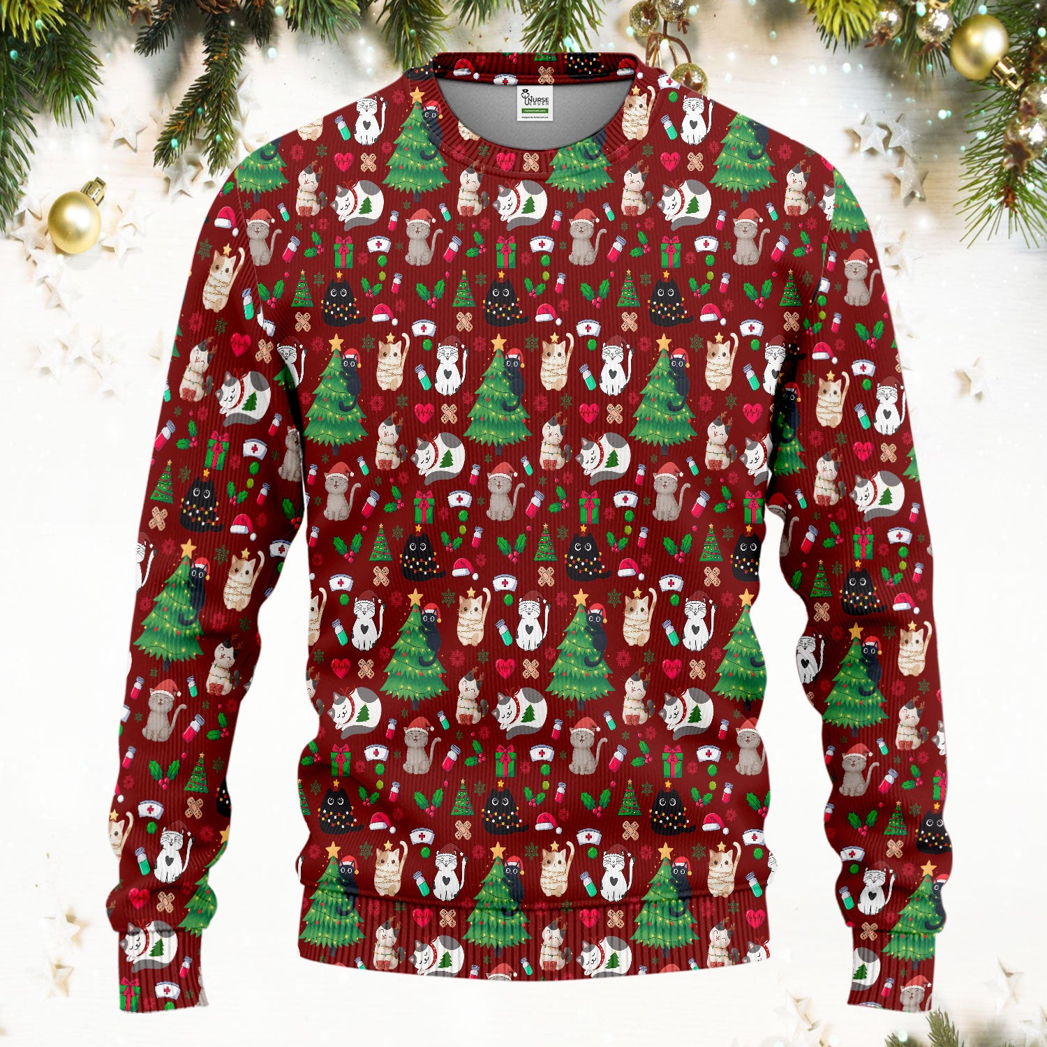 Christmas Cat Scrub Set, Xmas Pet Pattern Scrub Shirt, Breathable Fabrics Nursing Uniform