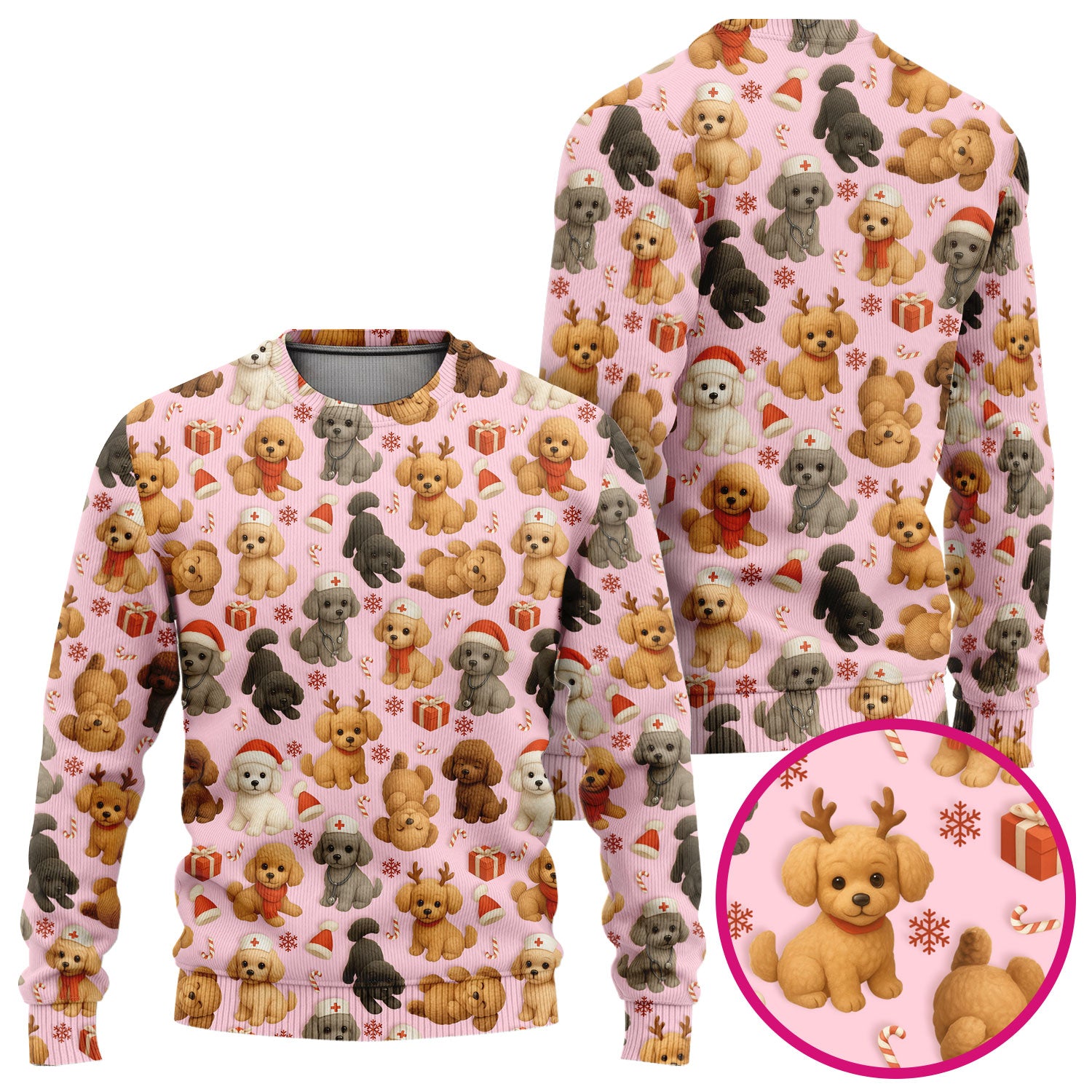 Christmas Poodle Scrubs Set for Women - Cute Dog Pattern Scrub Top & Pants - Festive Holiday Christmas Scrubs with Adorable Poodle Design