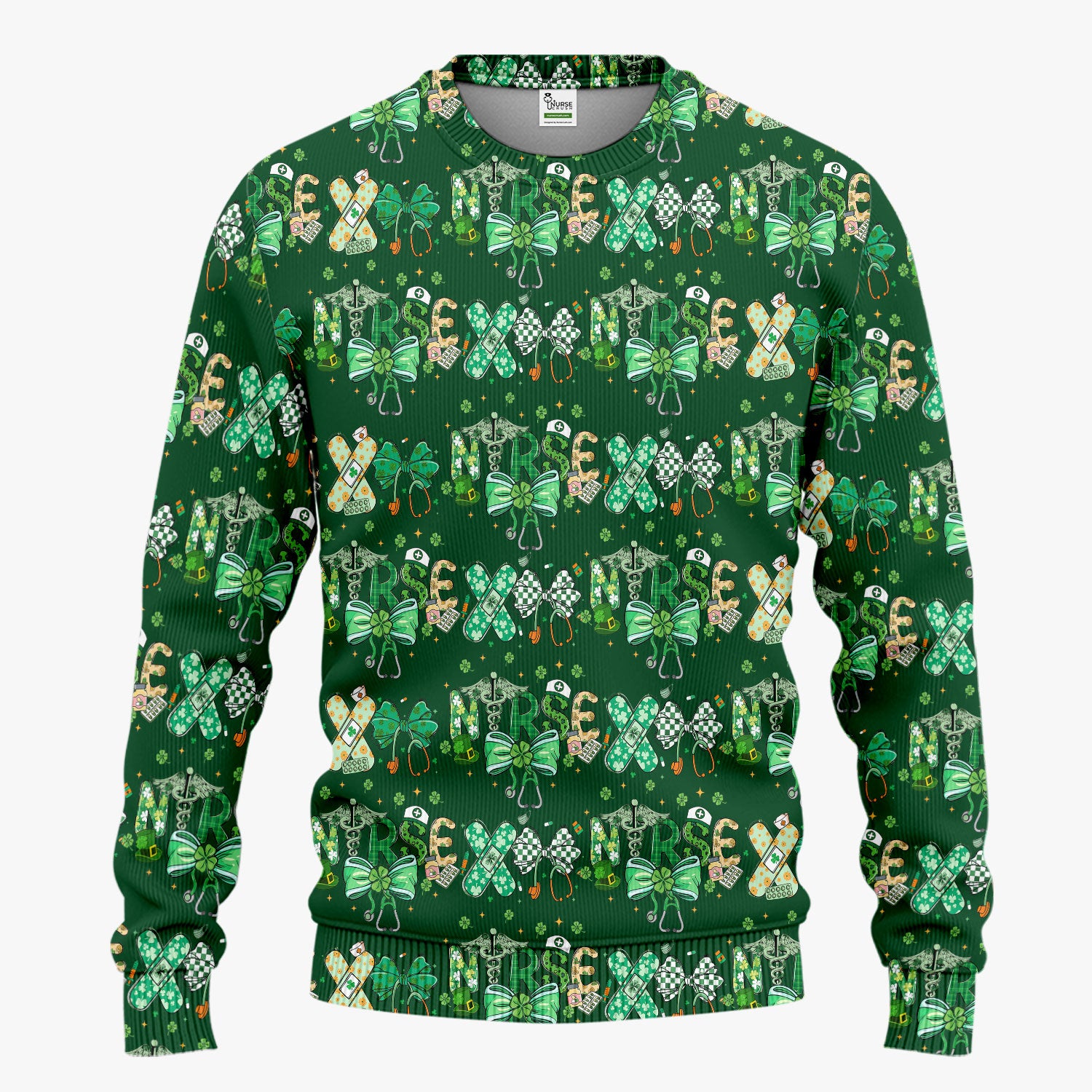 St. Patrick’s Nurse Scrub Set, Lucky Clover And Green Bow Pattern Nurse Shirt, Breathable Fabrics Nursing Uniform