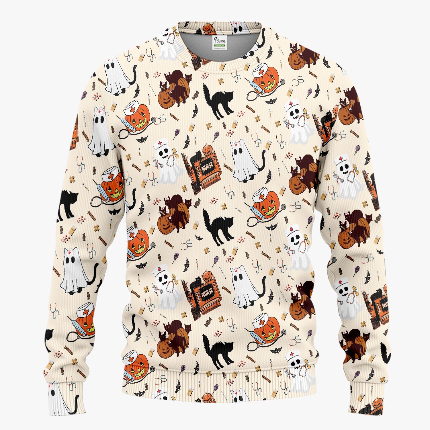 Halloween Scrub Set for Nurse - Cute Pumpkin Ghost Cat Medical Pants and V Neck Top - Spooky Uniform for Women RN CNA LPN