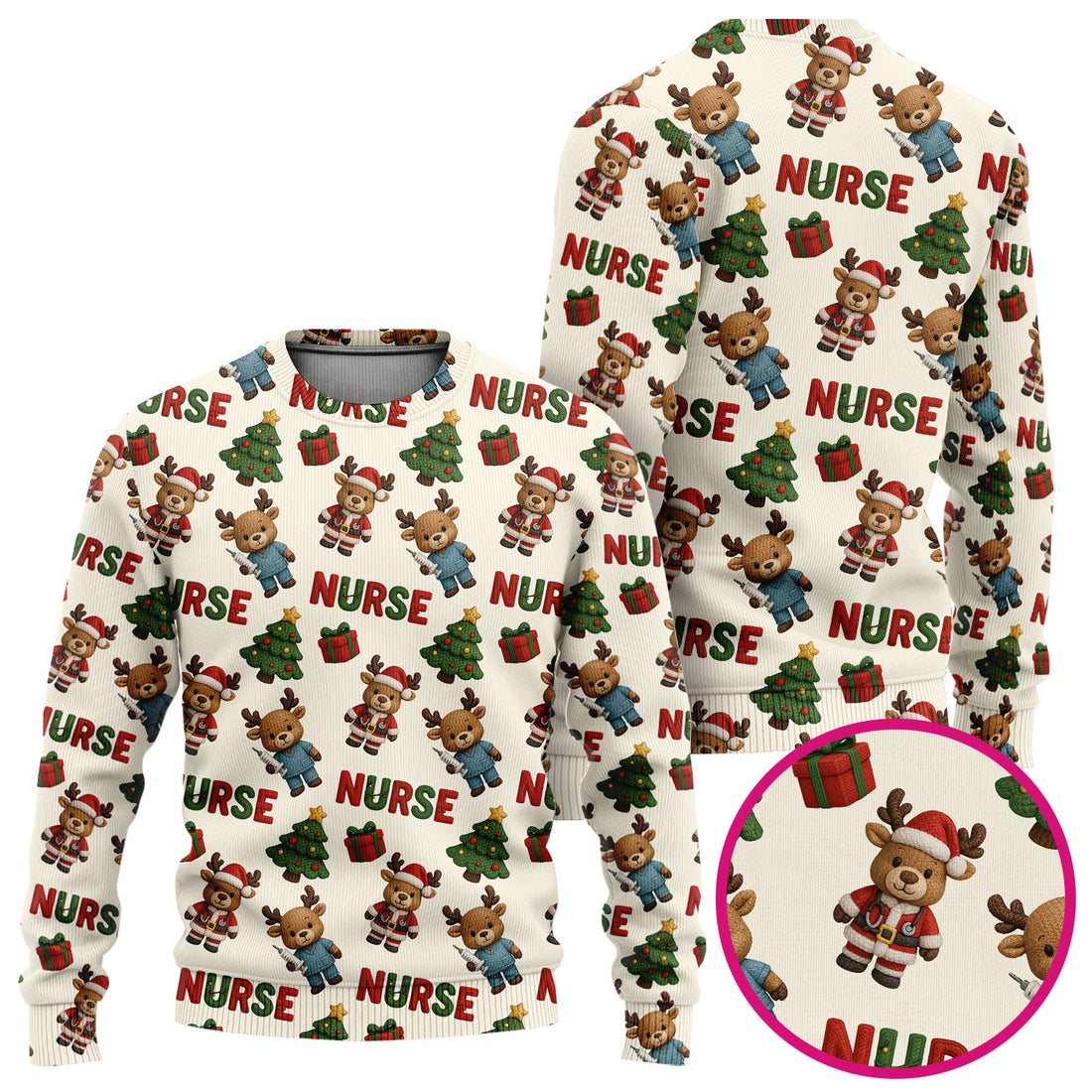 Reindeer Christmas Ugly Sweater, Cute Holiday Nurse Ugly Sweater, Festive Pattern Nursing Christmas Sweater