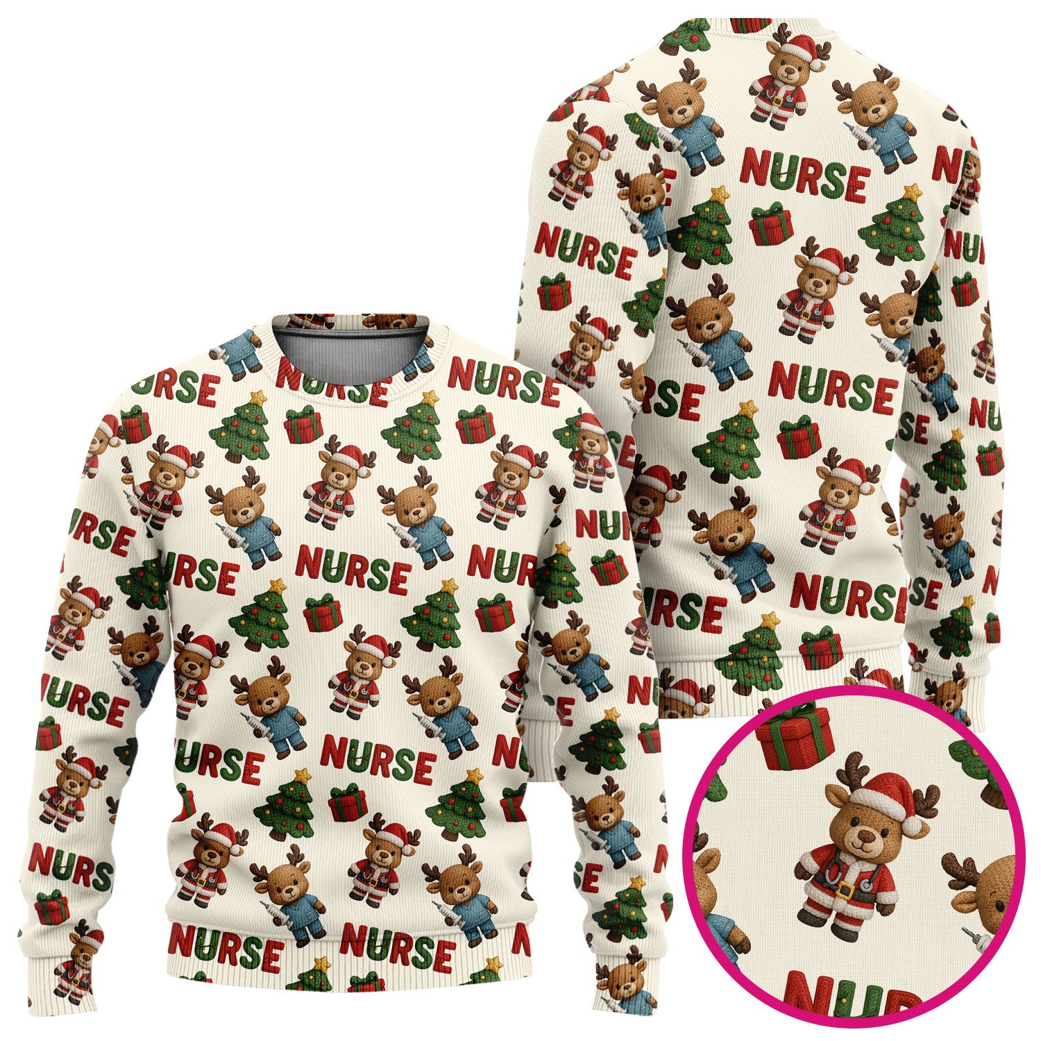 Reindeer Christmas Ugly Sweater, Cute Holiday Nurse Ugly Sweater, Festive Pattern Nursing Christmas Sweater