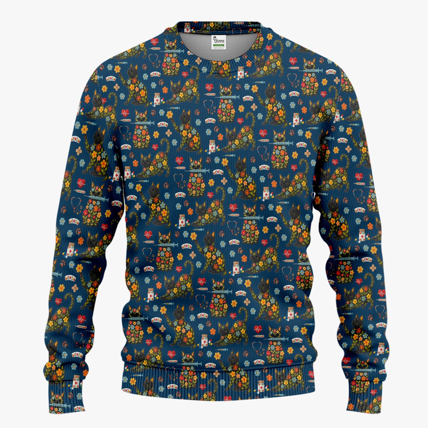 Floral Black Cat Pattern Scrub Set, Cute Cat Nurse Scrub Shirt, Medical Nursing Uniform
