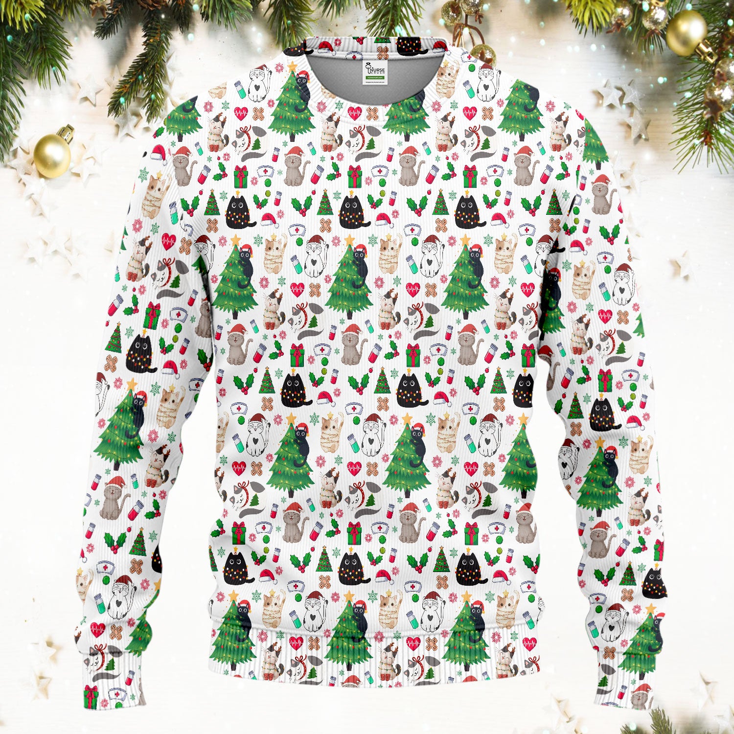 Christmas Cat Scrub Set, Xmas Pet Pattern Scrub Shirt, Breathable Fabrics Nursing Uniform
