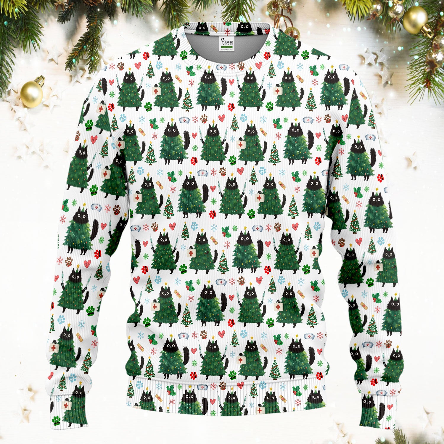 Christmas Nurse Scrub Set, Xmas Black Cat Pattern Nurse Shirt,  Breathable Fabrics Nursing Uniform