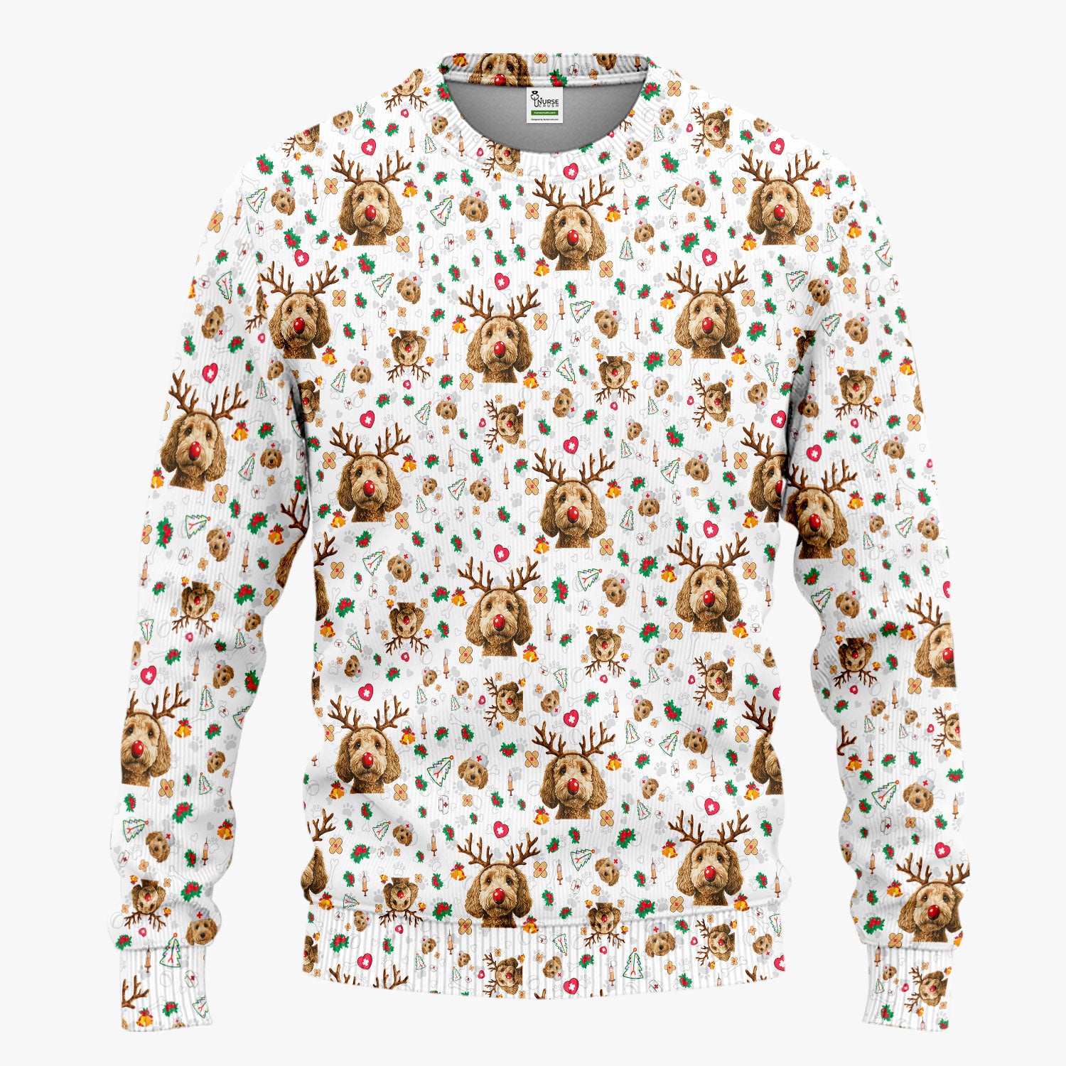 Labradoodle Reindeer Christmas Scrub Set - Funny Dog Nurse Pants and V Neck Top - Cute Holiday Medical Uniform