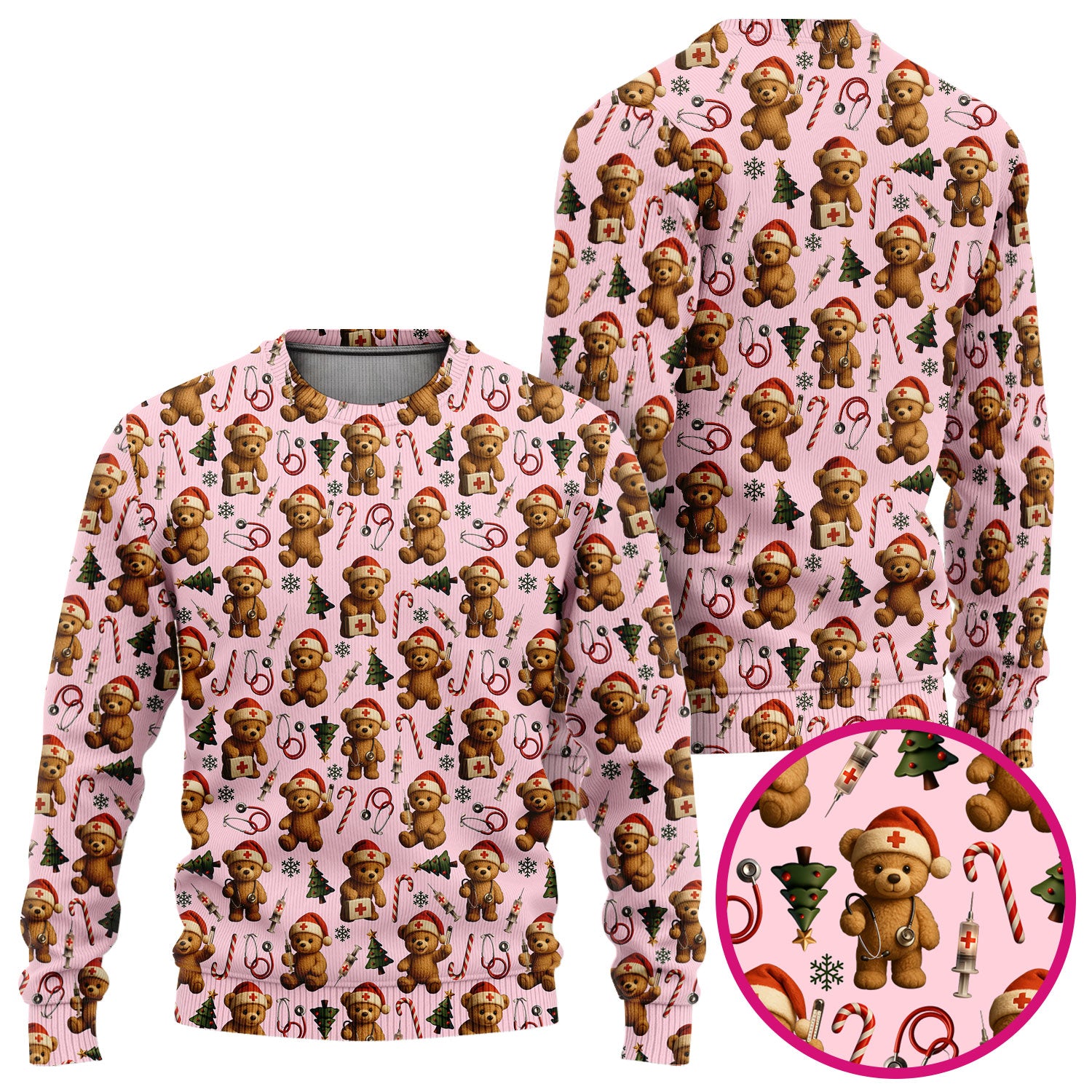 Gingerbread Bear Nurse Christmas Scrub Set - Cute Holiday Medical Pattern with Stethoscopes & Candy Canes - Festive Scrubs for Women