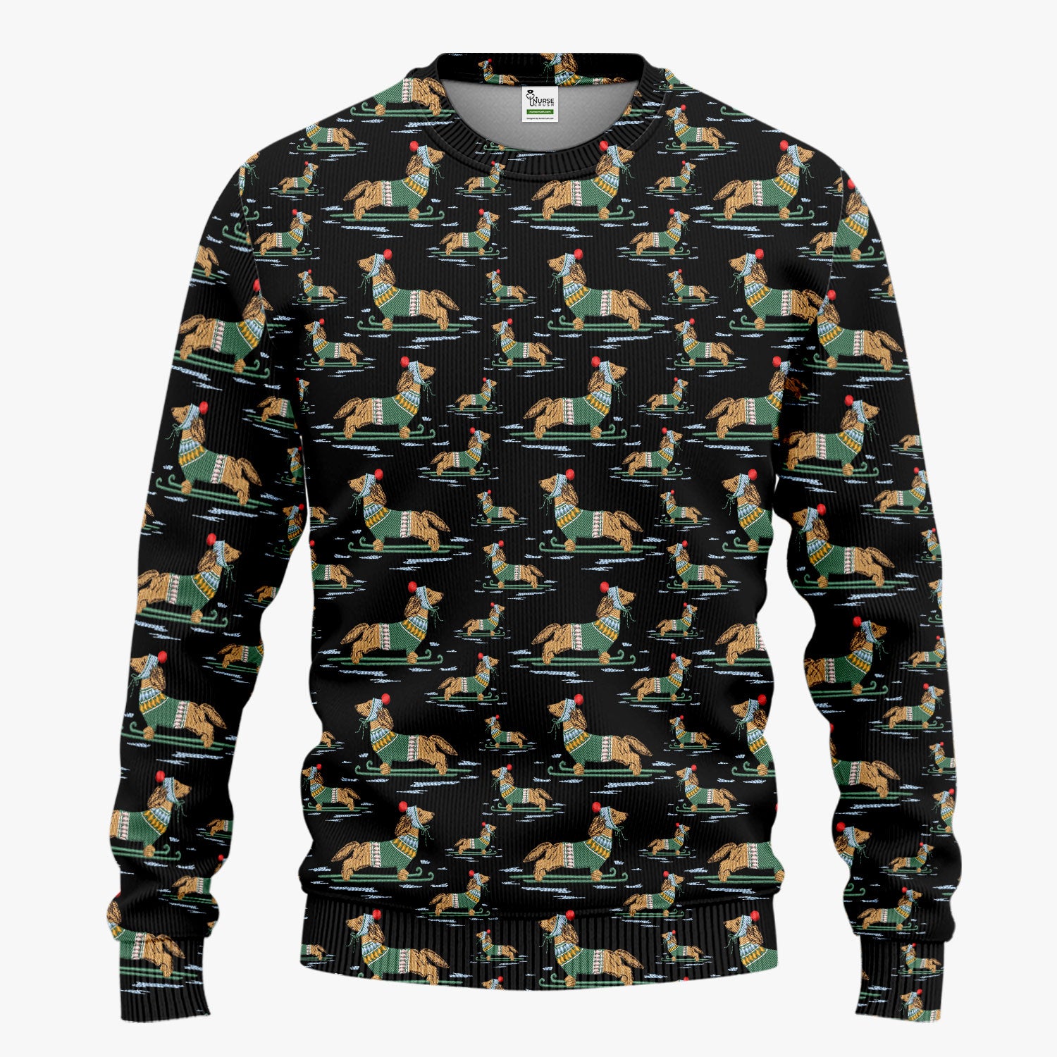 Dachshund Nurse Scrub Set, Wiener Dog Winter Pattern Shirt, Breathable Fabrics Nursing Uniform