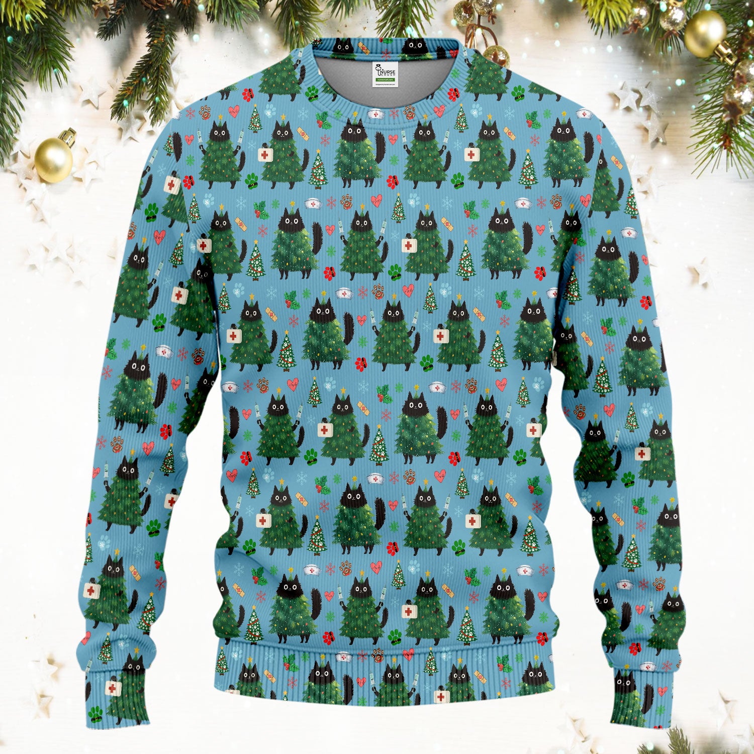 Christmas Nurse Scrub Set, Xmas Black Cat Pattern Nurse Shirt,  Breathable Fabrics Nursing Uniform