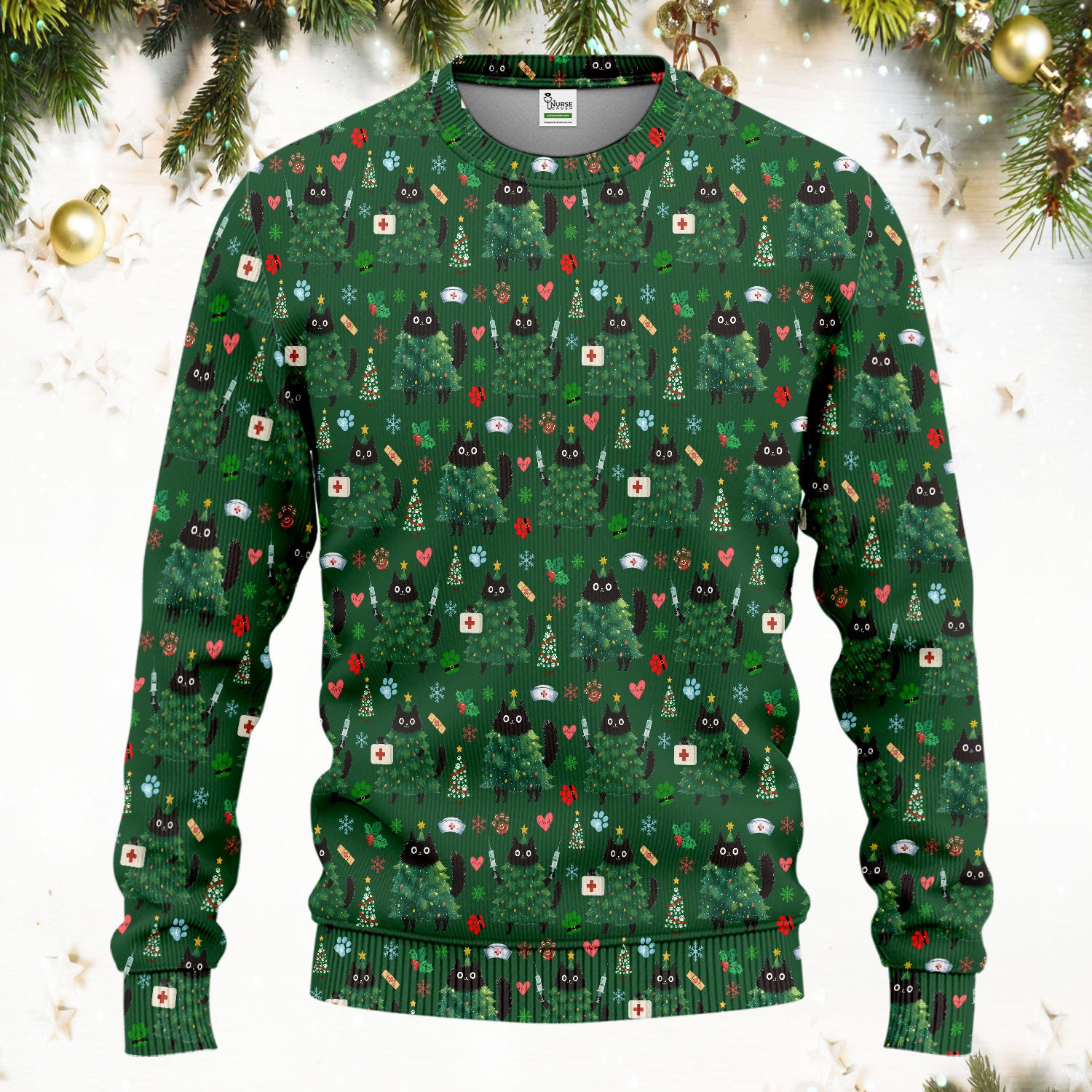 Christmas Nurse Scrub Set, Xmas Black Cat Pattern Nurse Shirt,  Breathable Fabrics Nursing Uniform