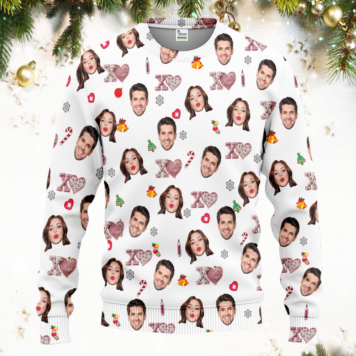 Custom Face Pattern XOXO Scrub Shirt, Personalized Photo Scrub Set, Breathable Fabrics Nursing Uniform
