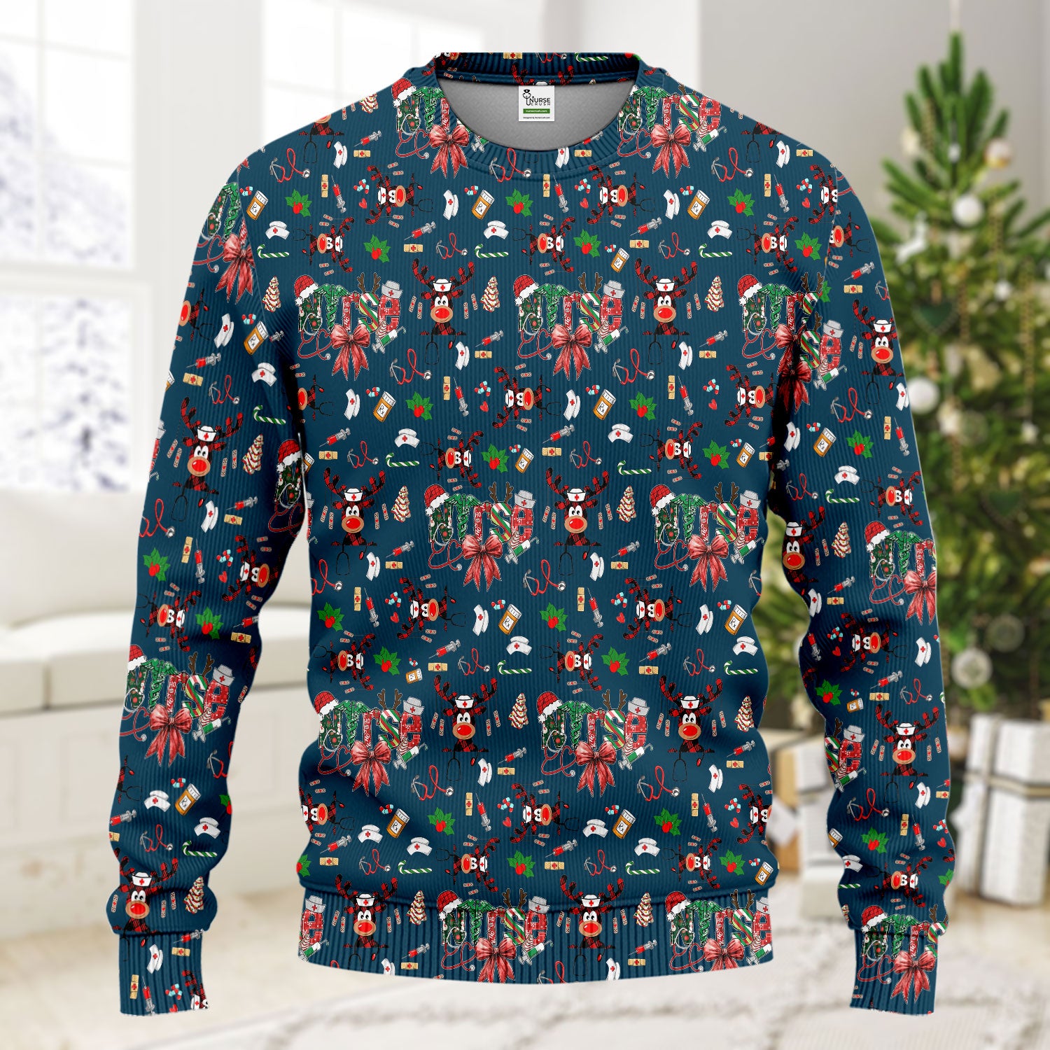 Whimsical Reindeer Christmas Scrub Set – Festive Holiday Reindeer Pattern – Cute Medical Uniform for Nurses, Vets and Healthcare Workers