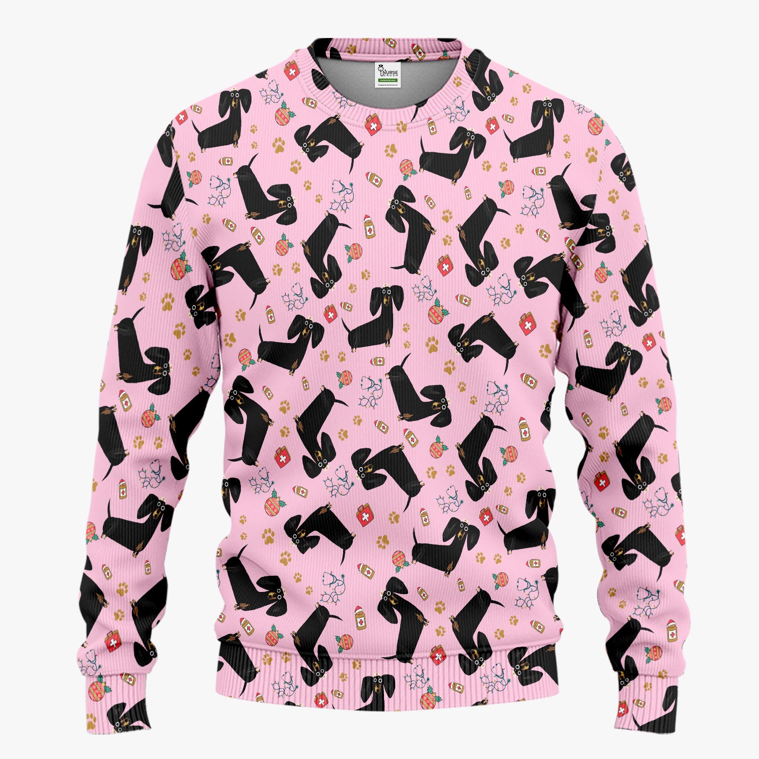 Funny Black Dachshund Scrub Set for Nurses - Cute Wiener Dog Scrubs Pants and V Neck Top - Puppy Lover Nursing Gift for Women