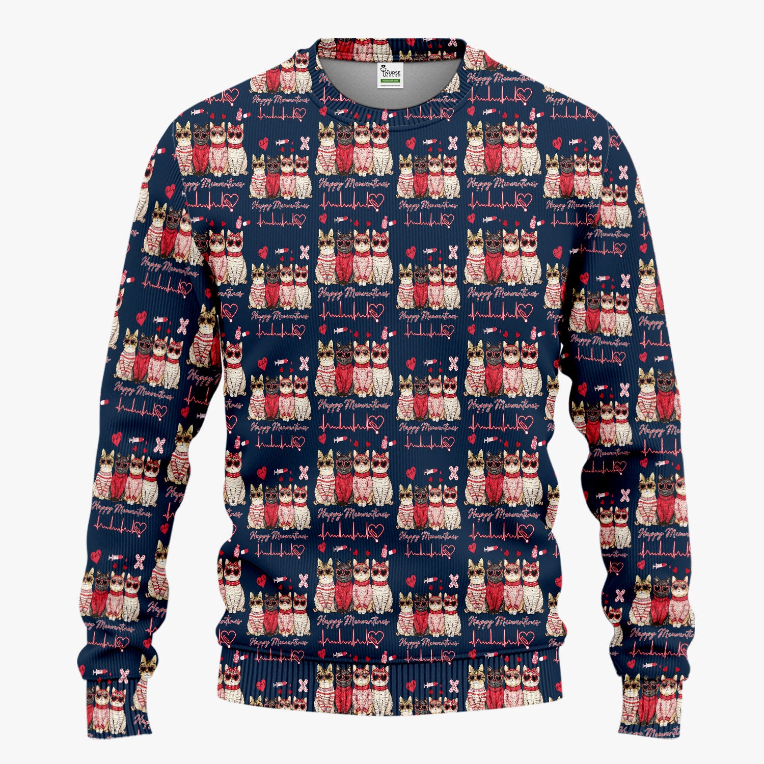 Happy Meowtines Cat Pattern Scrub Set, Valentine Cat Lover Nurse Scrub Shirt, Heartbeat Medical Pattern Nursing Uniform